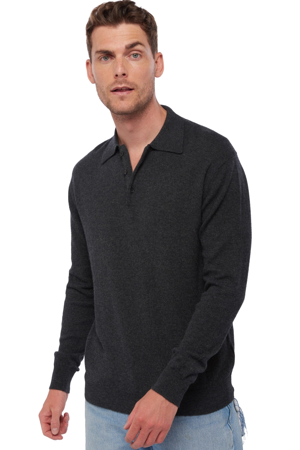 Poloshirt aus Kaschmir, 100 % Kaschmir, Herren, Polokragen, Knopfverschluss, gerader Schnitt, lange Ärmel, normal / 2- und 4-fädig, normales Strickgewebe, Mahogany