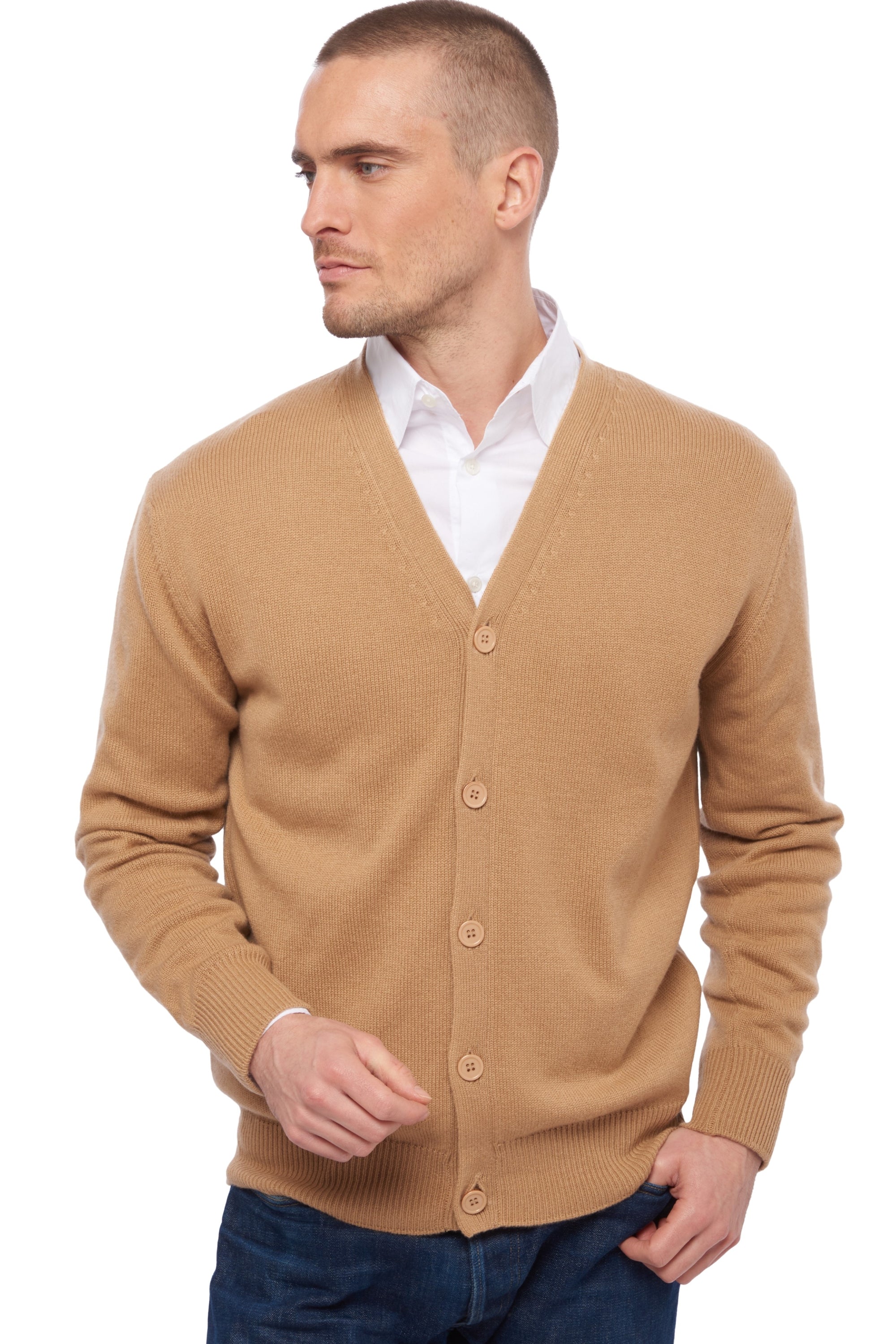 Cardigan aus Kaschmir, 100 % Kaschmir, Herren, V-Ausschnitt, Knopfverschluss, gerader Schnitt, lange Ärmel, normal / 2- und 4-fädig, normales Strickbild, Mahogany