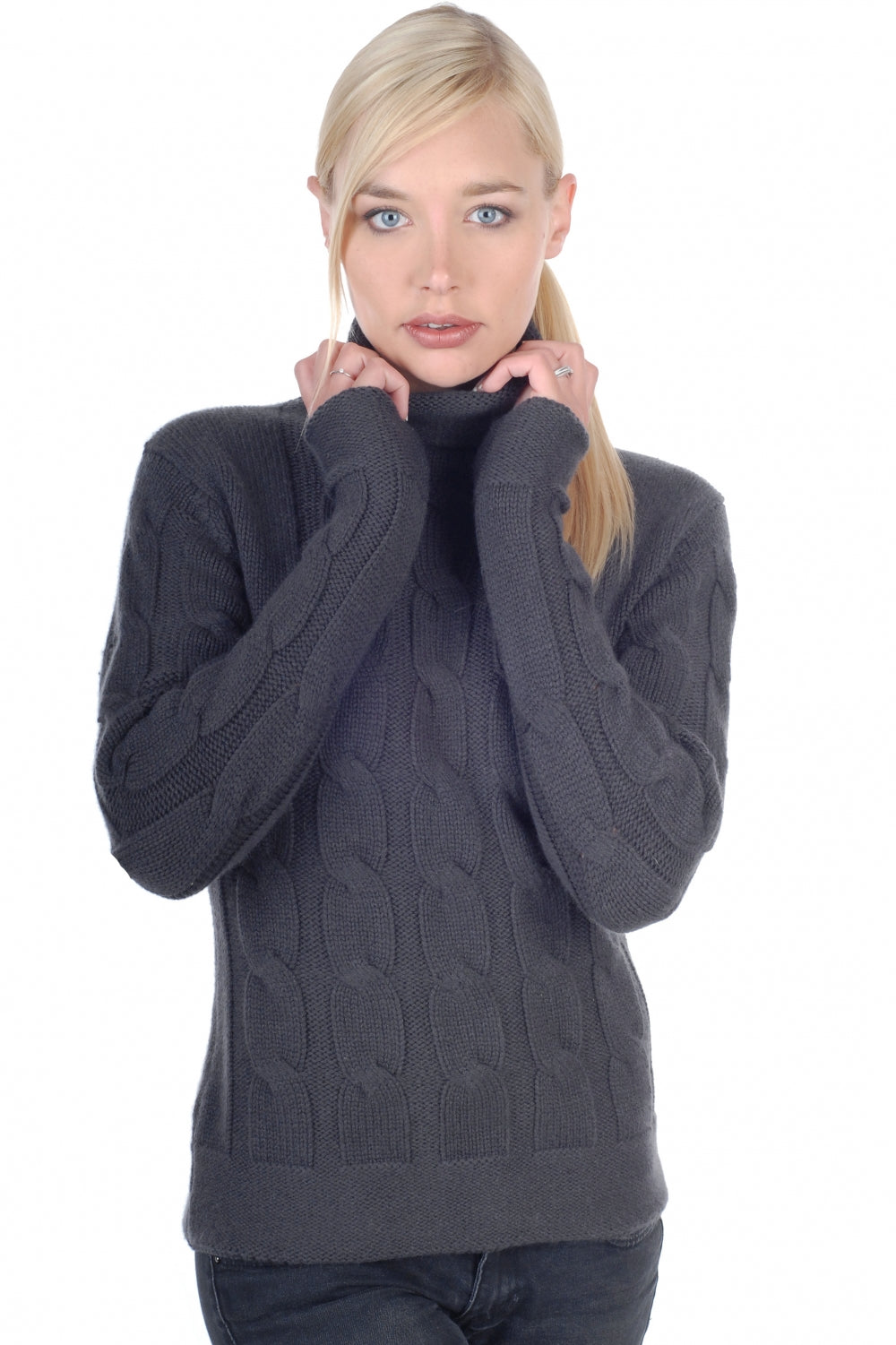Kaschmirpullover, 100 % Kaschmir, Damen, Rollkragen, gerader Schnitt, lange Ärmel, grob / 6 Fäden und mehr, Zopfmuster, Mahogany