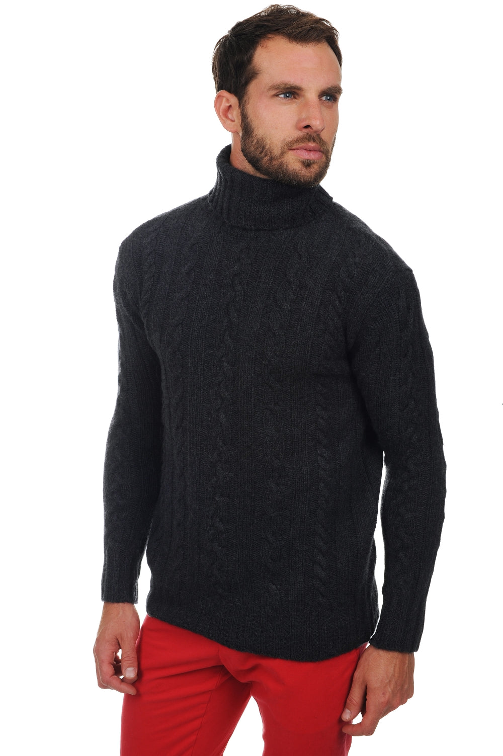 Kaschmirpullover, 100 % Kaschmir, Herren, Rollkragen, gerader Schnitt, lange Ärmel, grobe Strickung / 6 Fäden und mehr, Zopfmuster, Mahogany