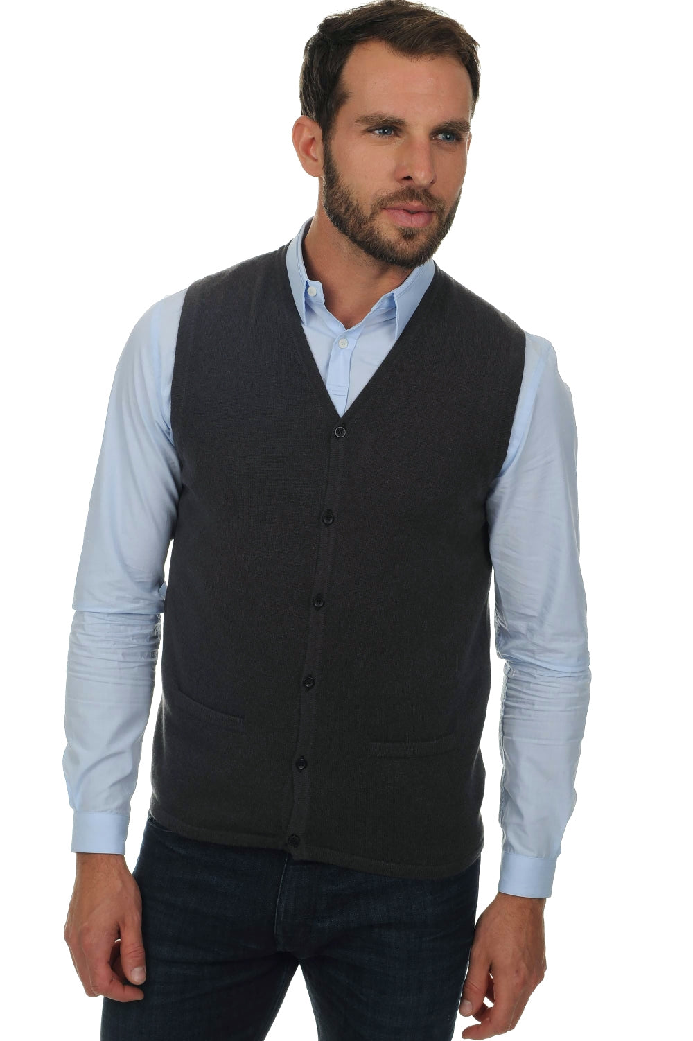 Cardigan aus Kaschmir, 100 % Kaschmir, Herren, V-Ausschnitt, Knopfleiste, taillierte Passform, ärmellos, normal / 2 und 4 Fäden, normales Strickbild, Mahogany