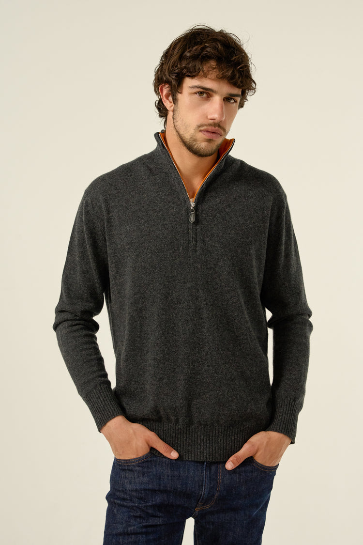 Pullover aus Kaschmir, 100 % Kaschmir, Herren, Truckerkragen, Reißverschluss, gerader Schnitt, lange Ärmel, normal / 2- und 4-fädig, normales Strickwerk, Mahogany