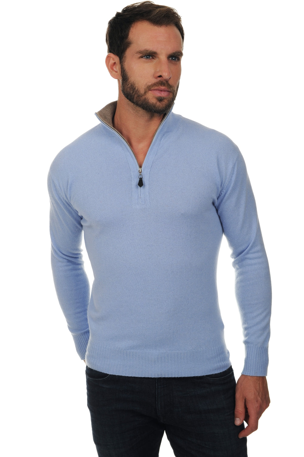 Henri Kaschmirpullover Herren - himmelblau-natural brown - Mahogany