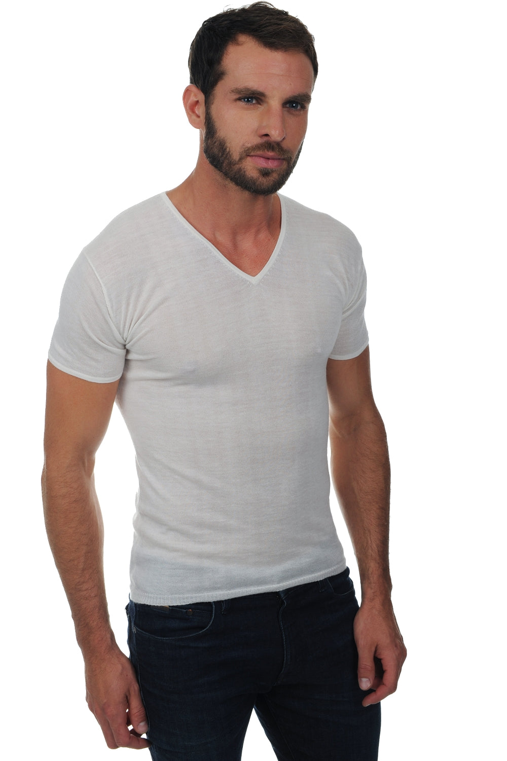 T-Shirt aus Kaschmirflaum, 100 % Kaschmirflaum, Herren, V-Ausschnitt, schmale Passform, kurze Ärmel, Mahogany
