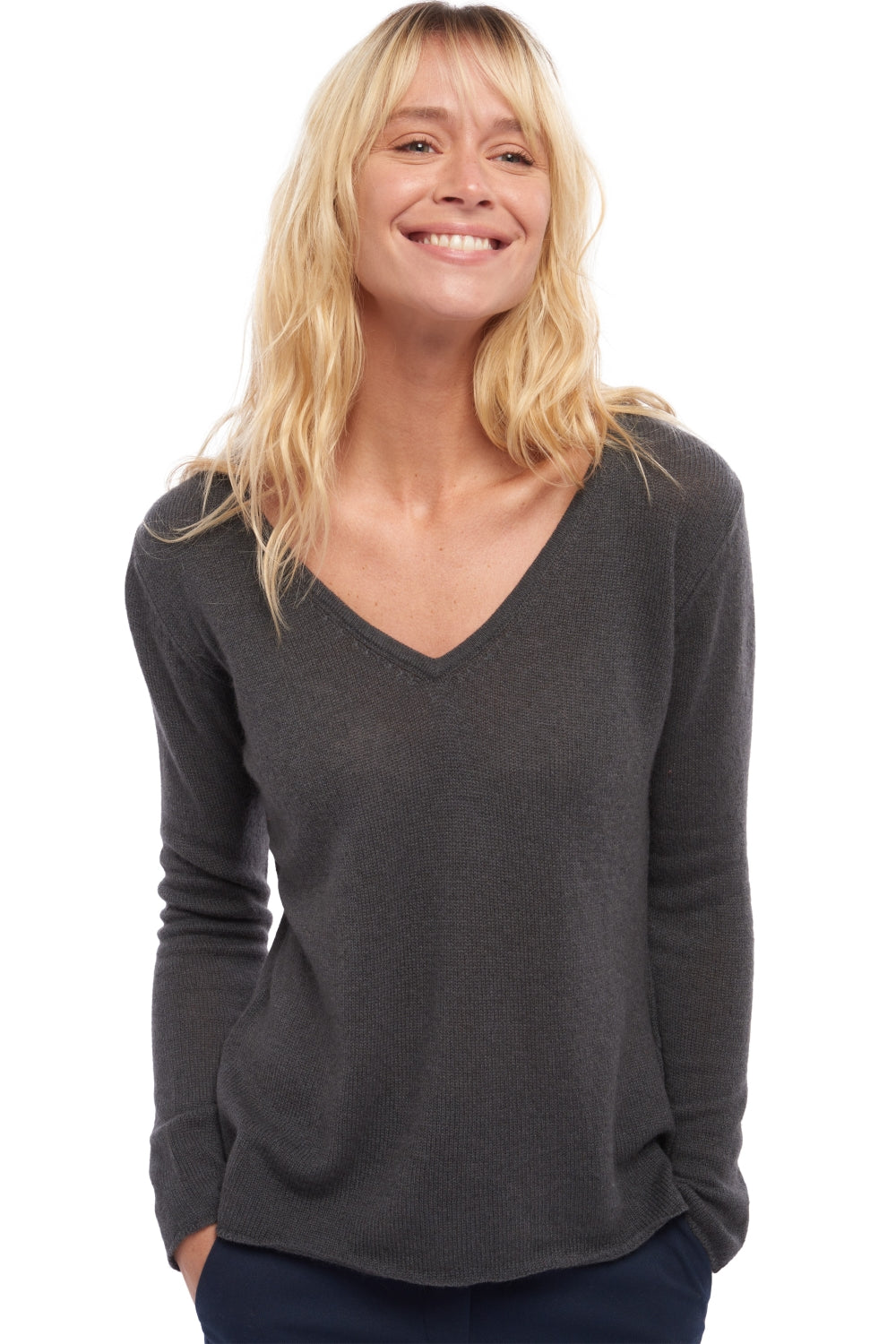 Kaschmirpullover, 100 % Kaschmir, Damen, V-Ausschnitt, weite Passform, lange Ärmel, fein, versetztes Strickwerk, Mahogany