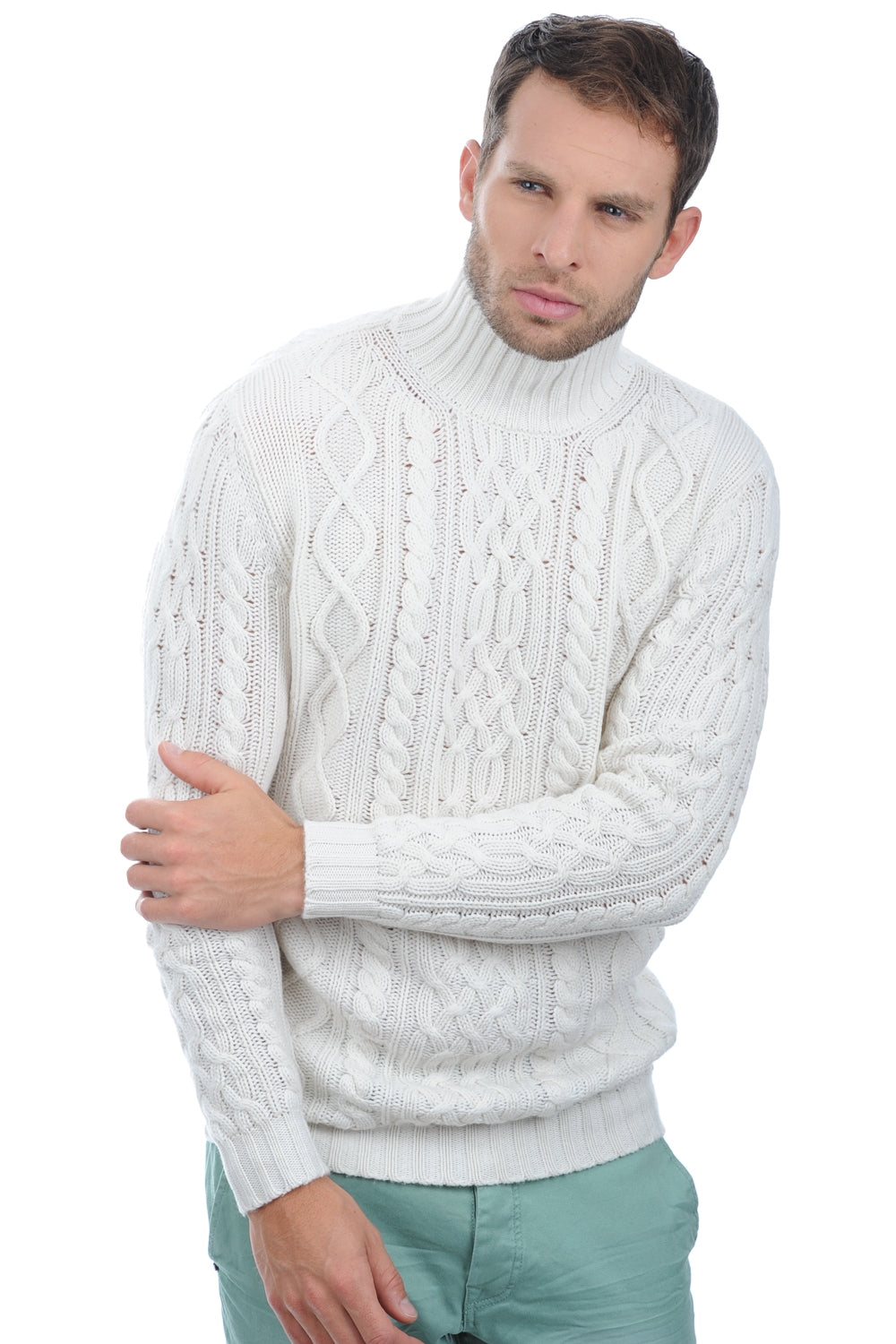 Kaschmirpullover, 100 % Kaschmir, Herren, Rollkragen, gerader Schnitt, lange Ärmel, grobe Strickung / 6 Fäden und mehr, Zopfmuster, Mahogany