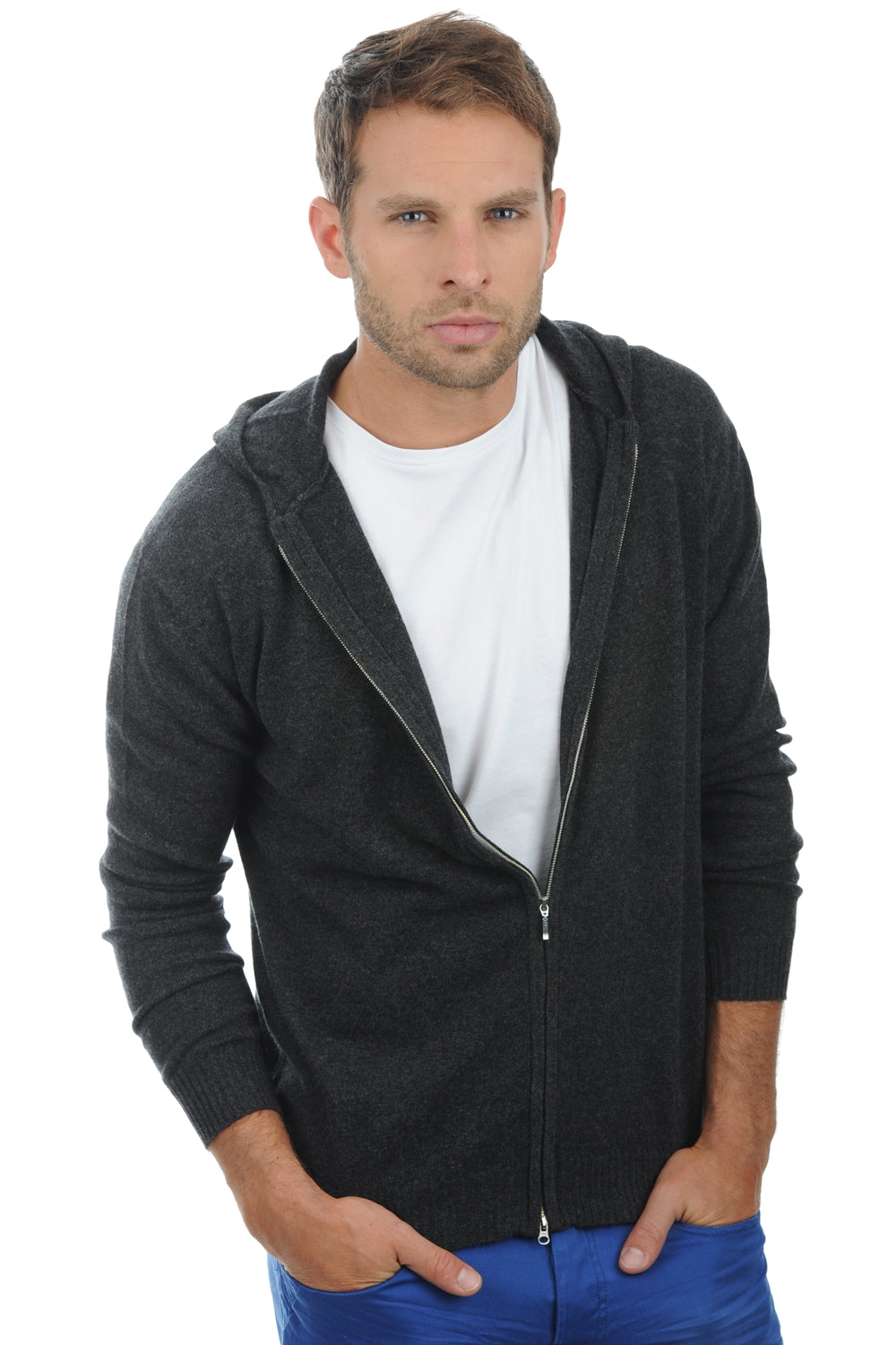 Sweatshirt aus Kaschmir, 100 % Kaschmir, Herren, Kapuze, Reißverschluss, gerade Passform, lange Ärmel, normal / 2 und 4 Fäden, normaler Strick, Mahogany