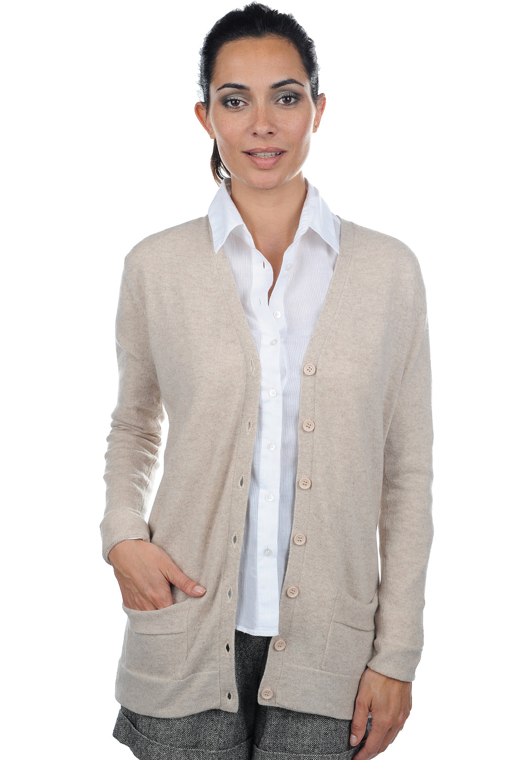 Cardigan aus Kaschmir, 100 % Kaschmir, Damen, V-Ausschnitt, Knopfverschluss, gerader Schnitt, lange Ärmel, normal / 2 und 4 Fäden, normale Strickart, Mahogany