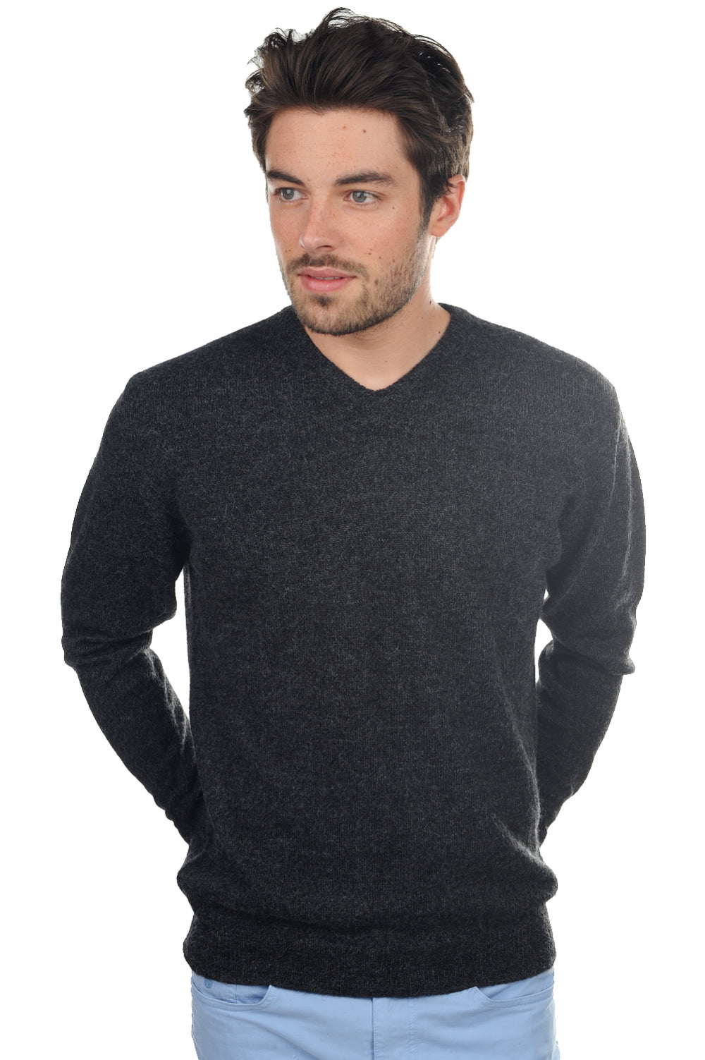 Pullover aus Baby-Alpaka, 100 % Baby-Alpaka, Herren, V-Ausschnitt, gerader Schnitt, lange Ärmel, normal / 2- und 4-fädig, normales Strickwerk, Mahogany
