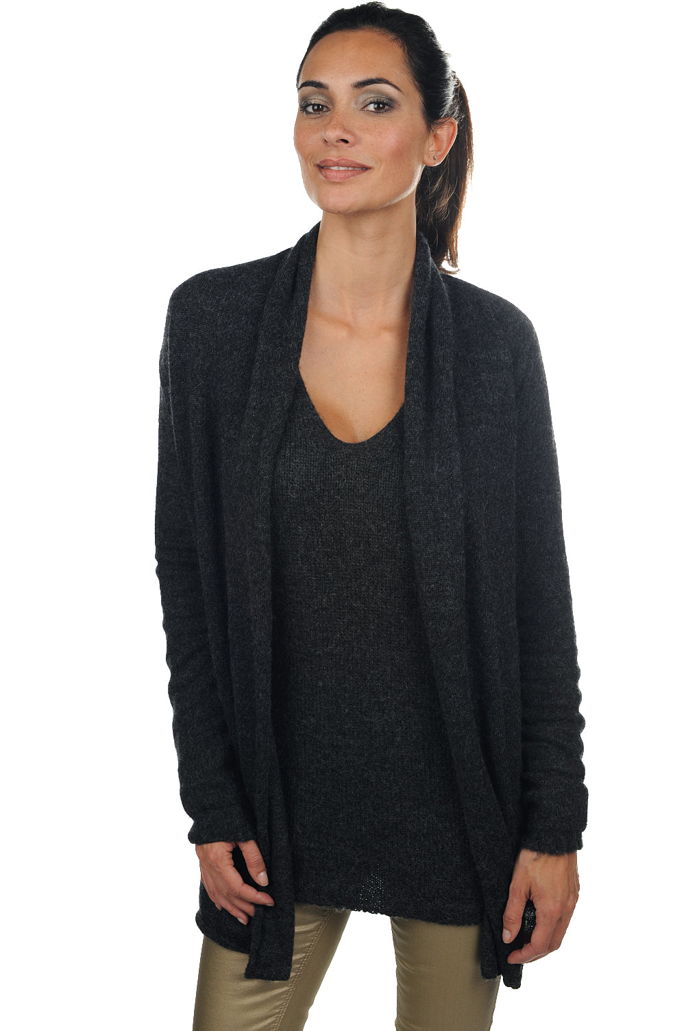 Baby-Alpaka-Jacke, 100 % Baby-Alpaka, Damen, ohne Kragen, gerader Schnitt, lange Ärmel, fein, Mahogany