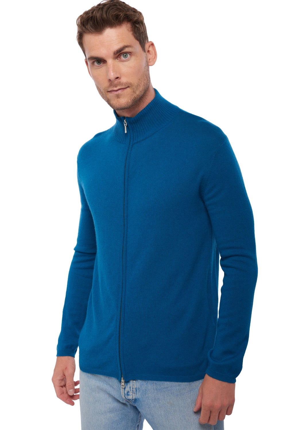 Kaschmir-Cardigan, 100 % Kaschmir, Herren, Stehkragen / Schornsteinkragen, Reißverschluss, gerader Schnitt, lange Ärmel, normal / 2- und 4-fädig, normales Strickwerk, Mahogany