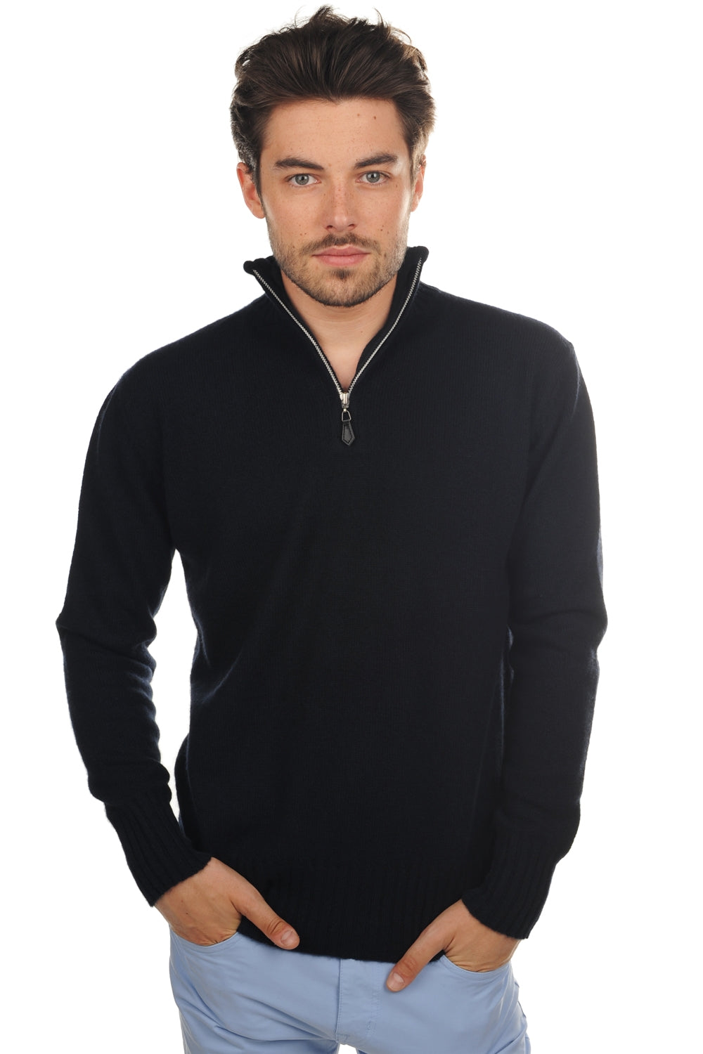 Pullover aus Yak, 100 % Yak, Herren, Truckerkragen, Reißverschluss, gerade Schnittform, lange Ärmel, normal / 2- und 4-fädig, normales Strickwerk, Mahogany