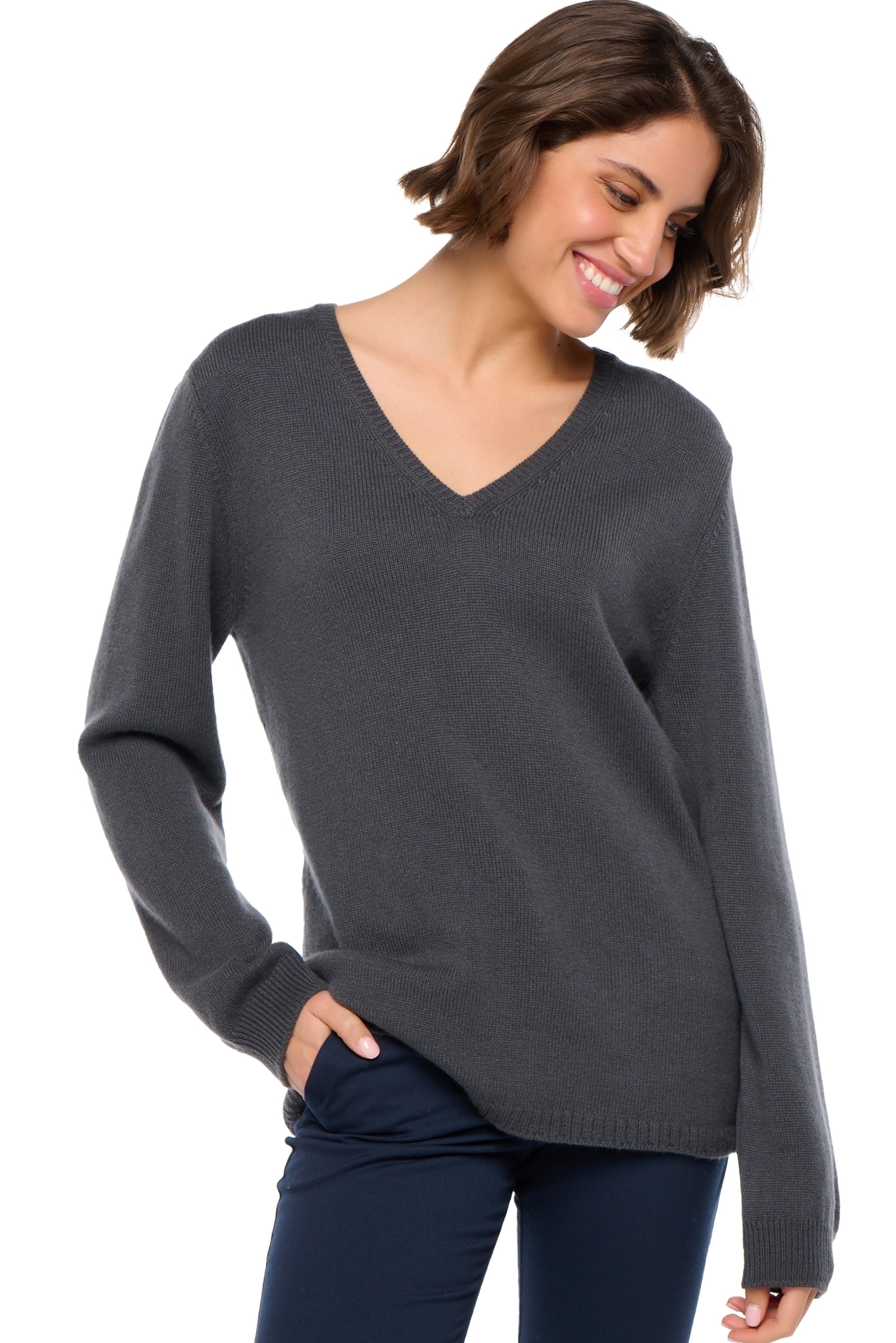 Kaschmirpullover, 100 % Kaschmir, Damen, V-Ausschnitt, gerader Schnitt, lange Ärmel, normal / 2- und 4-fädig, normales Strickgewebe, Mahogany