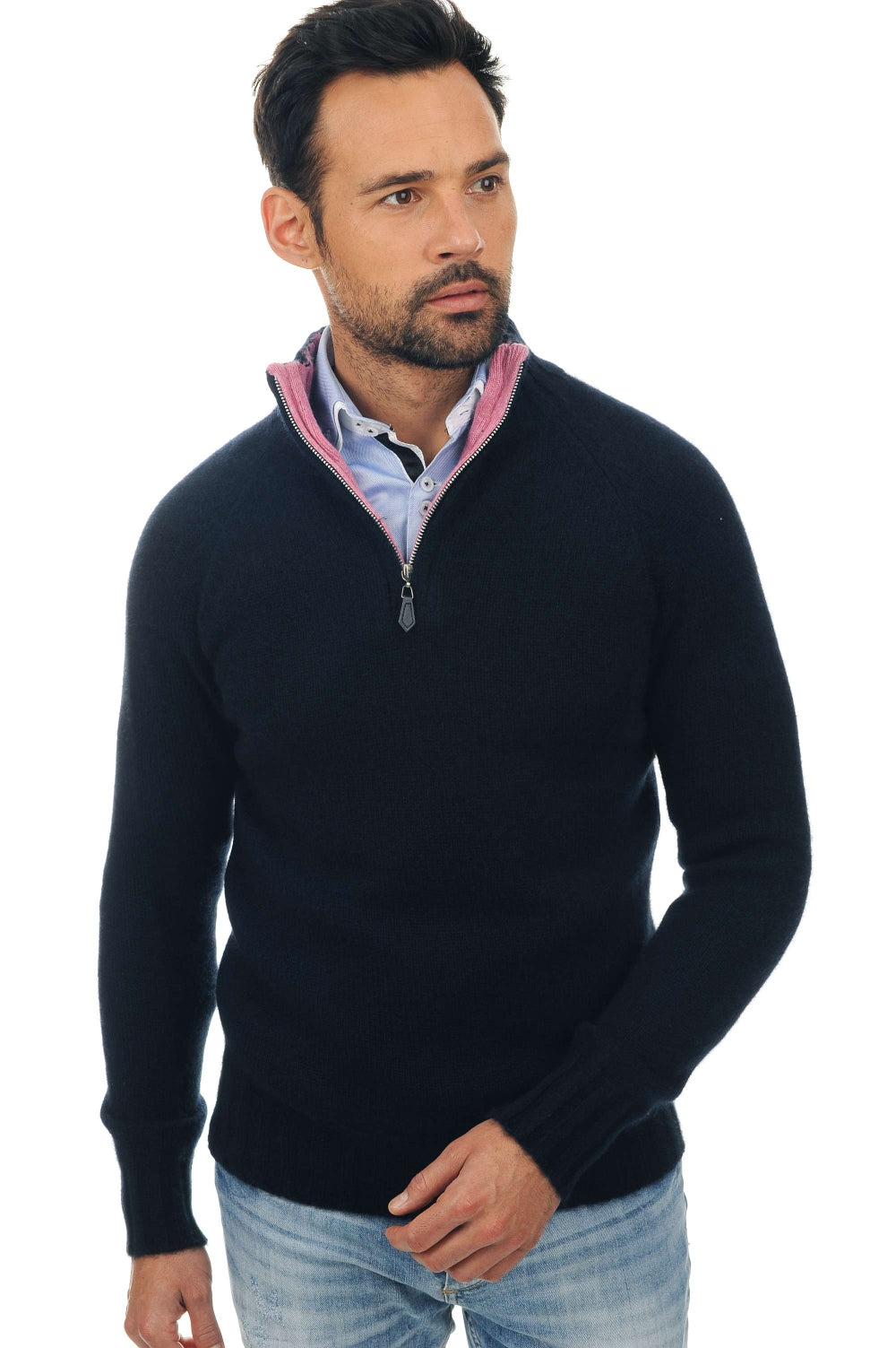 Pullover aus Kaschmir und Yak, 100 % Kaschmir & 100 % Yak, Herren, Truckerkragen, Reißverschluss, gerader Schnitt, Raglanärmel, normal / 2- und 4-fädig, normale Strickart, Mahogany