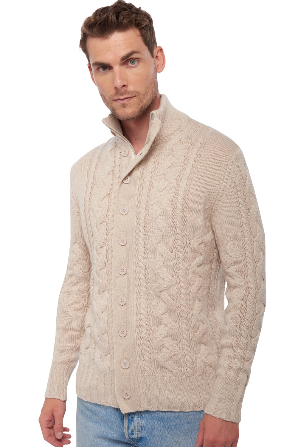 Pullover aus Kaschmir, 100 % Kaschmir, Herren, Stehkragen / Schornsteinkragen, Reißverschluss, gerader Schnitt, lange Ärmel, grob / 6-fädig und mehr, Zopfmuster, Mahogany