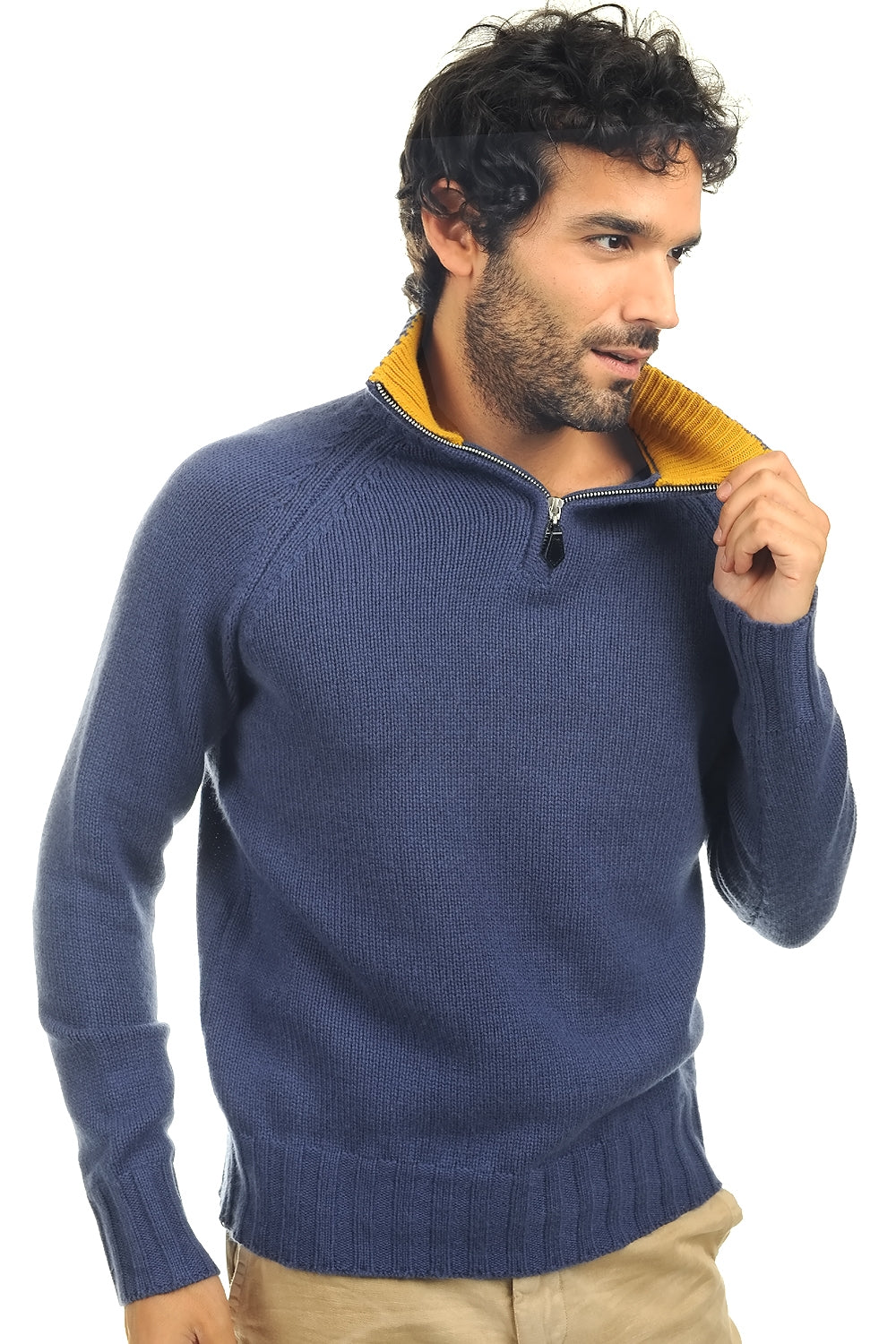 Olivier aus Kaschmir für Herren - Stahlblau/Senfgelb - Mahogany