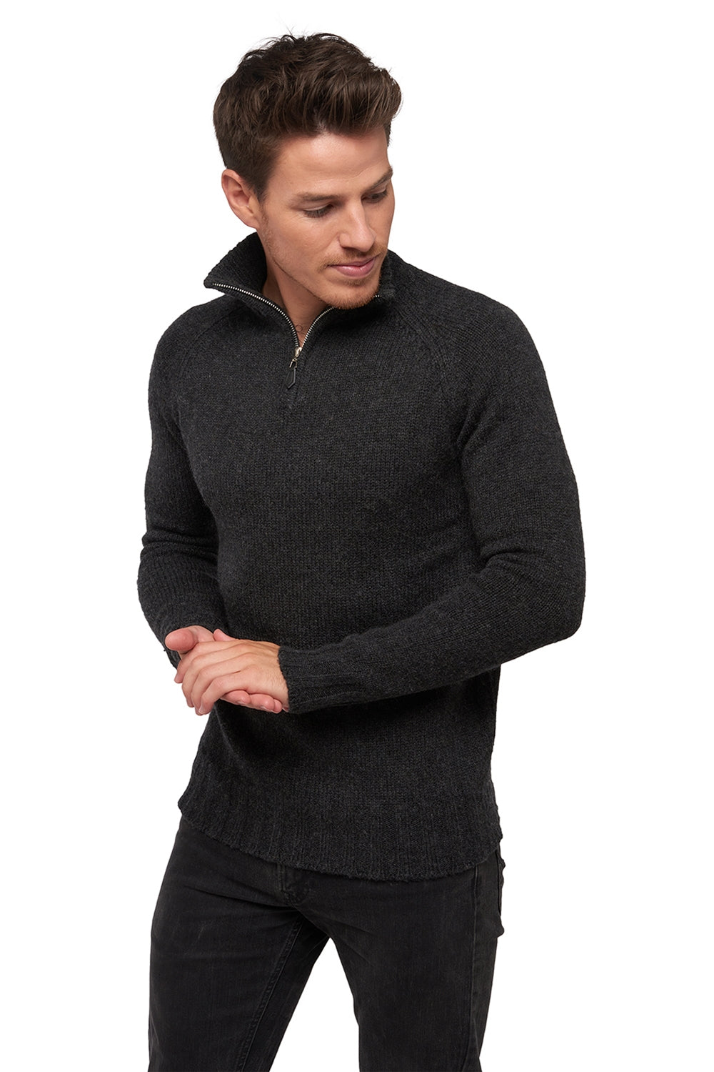 Pullover aus Kamel, 100 % Kamel, Herren, Truckerkragen, Reißverschluss, gerader Schnitt, lange Ärmel, grob / 6 Fäden und mehr, normales Strick, Mahogany