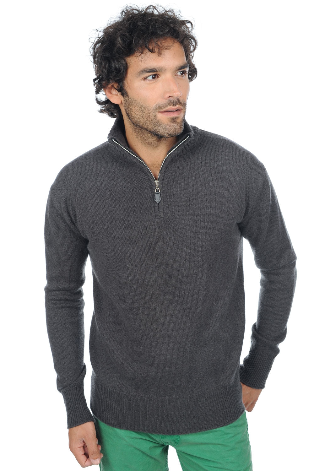 Pullover aus Kaschmir, 100 % Kaschmir, Herren, Truckerkragen, Reißverschluss, gerader Schnitt, lange Ärmel, normal / 2- und 4-fädig, normales Strickwerk, Mahogany