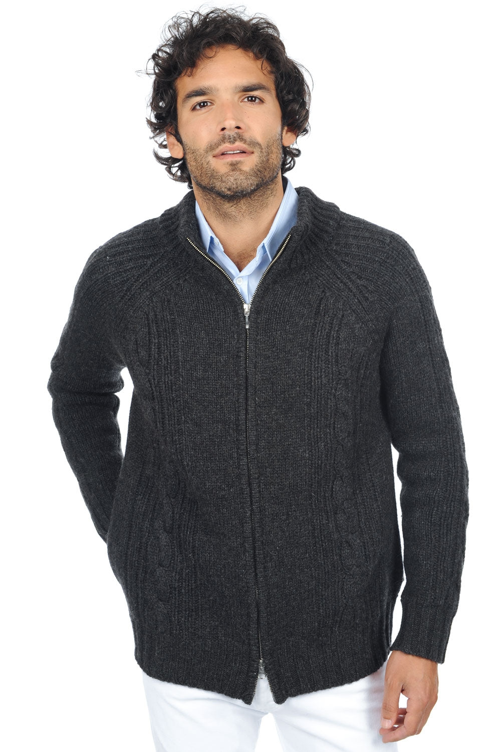 Strickjacke aus Kamelwolle, 100 % Kamelwolle, Herren, Stehkragen / Schornsteinkragen, Reißverschluss, gerader Schnitt, lange Ärmel, grob / 6 Fäden und mehr, , Mahogany