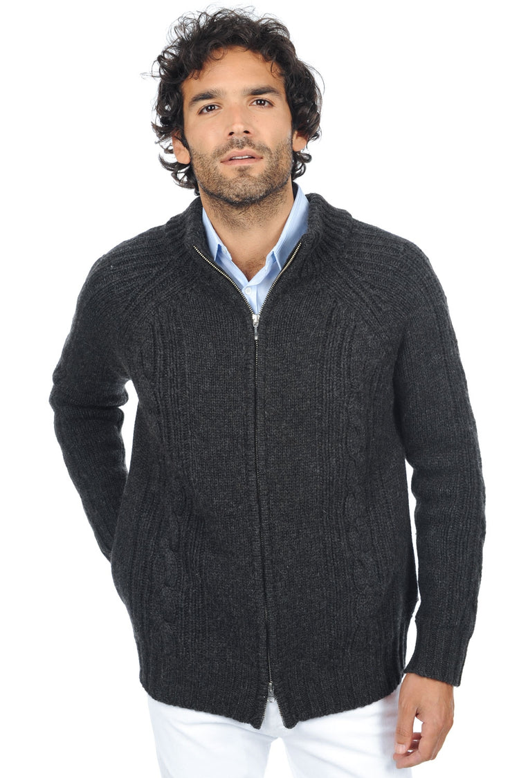 Strickjacke aus Kamelwolle, 100 % Kamelwolle, Herren, Stehkragen / Schornsteinkragen, Reißverschluss, gerader Schnitt, lange Ärmel, grob / 6 Fäden und mehr, , Mahogany