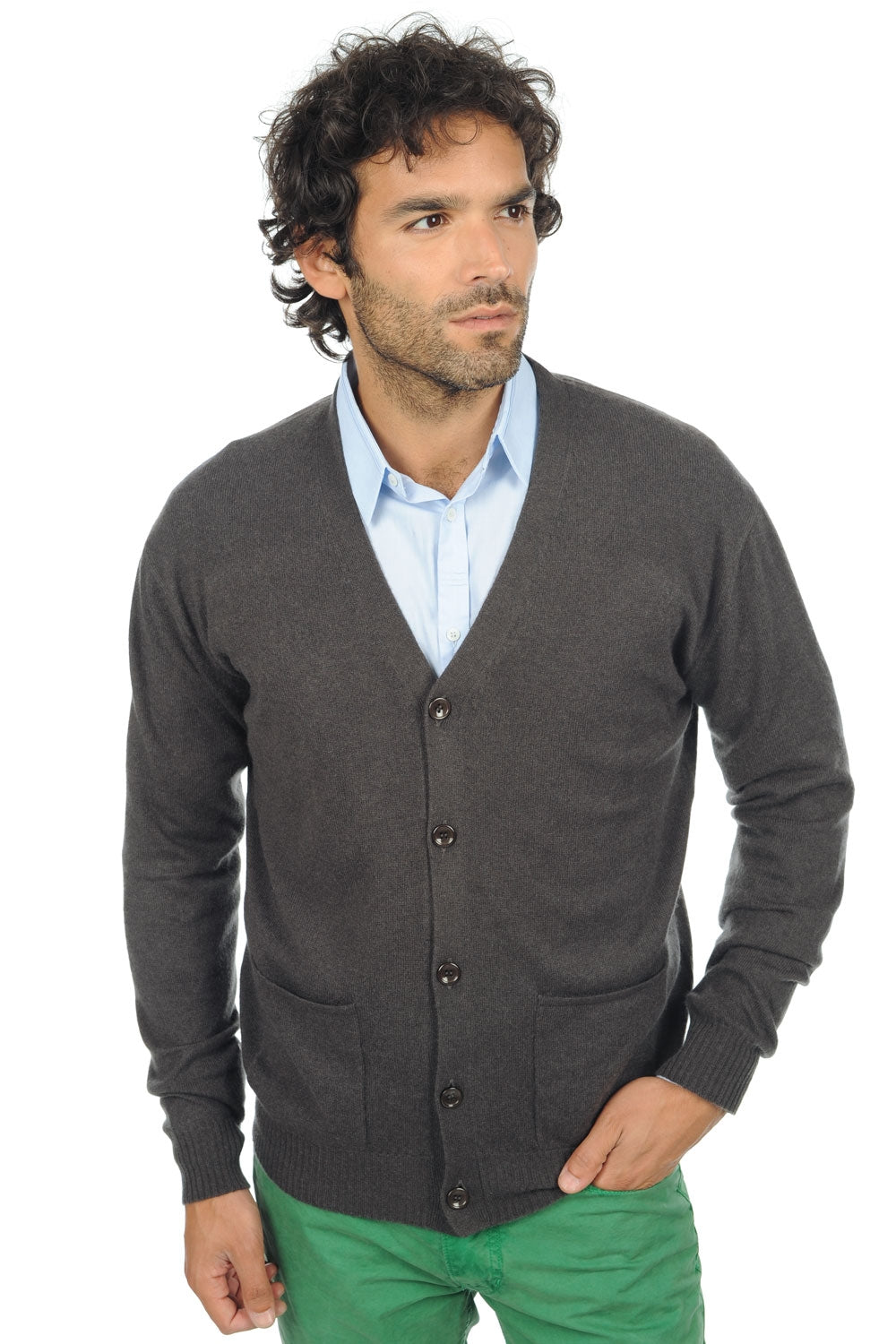 Cardigan aus Kaschmir, 100 % Kaschmir, Herren, V-Ausschnitt, Knopfverschluss, gerader Schnitt, lange Ärmel, normal / 2- und 4-fädig, normales Strickgewebe, Mahogany