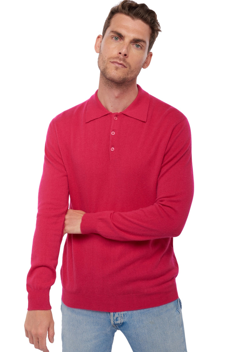 Polo aus Kaschmir, 100 % Kaschmir, Herren, Polokragen, Knopfverschluss, gerader Schnitt, lange Ärmel, normal / 2 und 4 Fäden, normales Strickbild, Mahogany