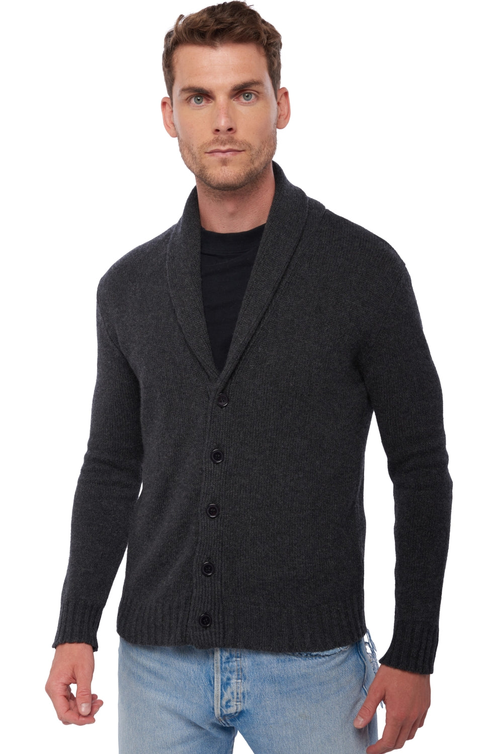 Cardigan aus Kaschmir, 100 % Kaschmir, Herren, Schalenkragen, Knopfverschluss, gerader Schnitt, lange Ärmel, grob / 6 Fäden und mehr, normales Strickbild, Mahogany