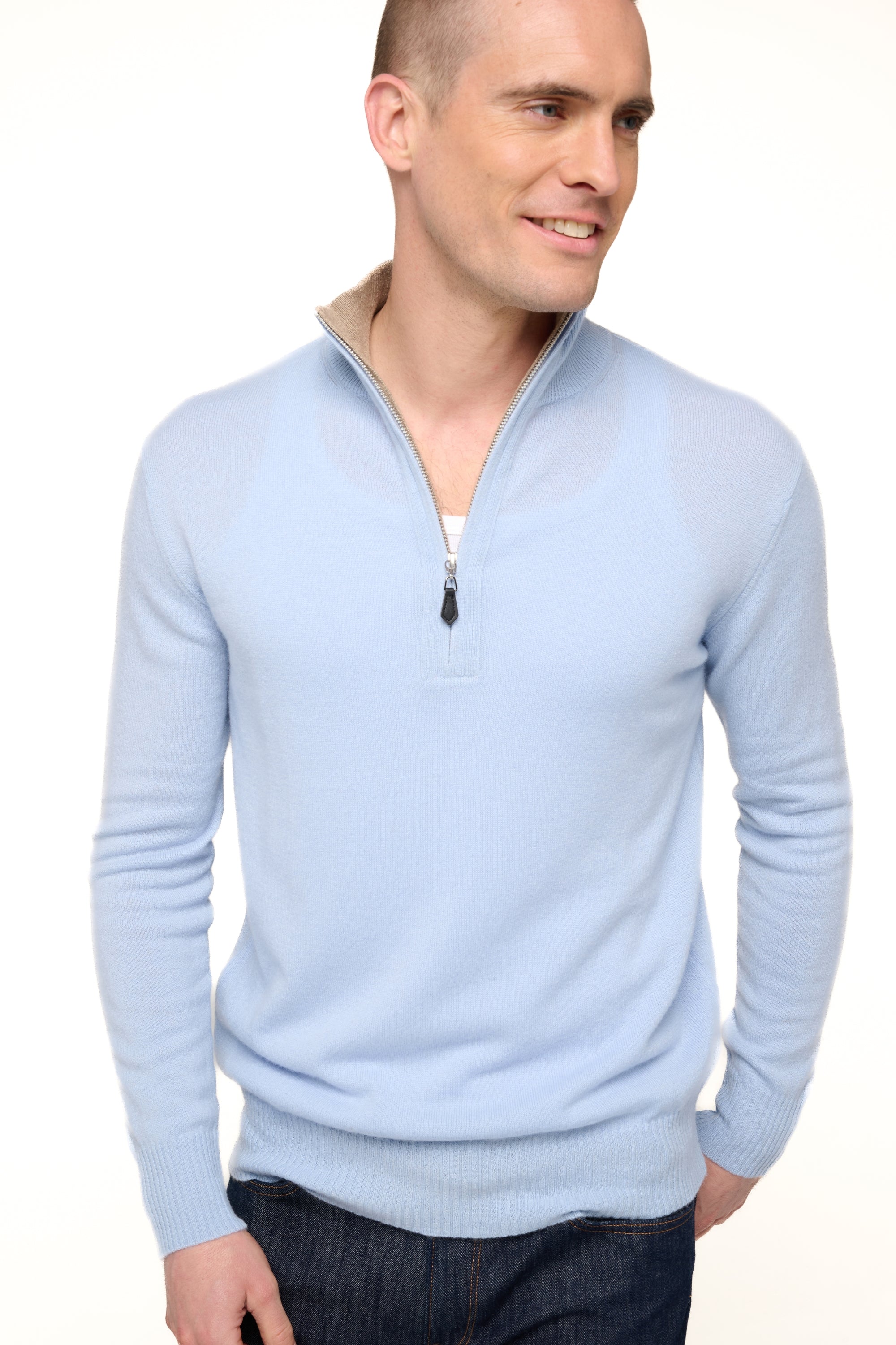 Henri Kaschmirpullover Herren - himmelblau / natural brown - Mahogany