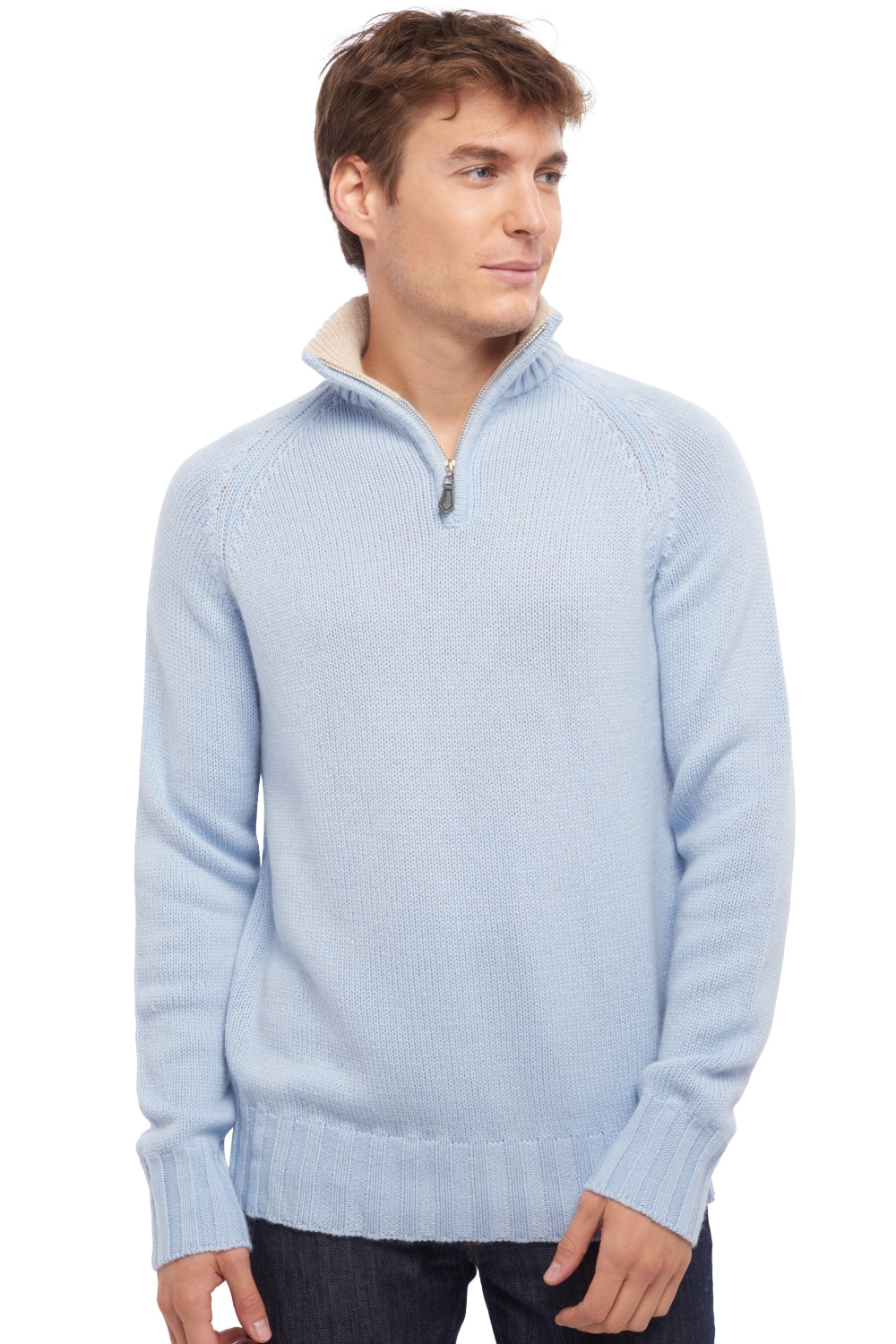 Olivier aus Kaschmir für Herren - Himmelblau / zeitloses Beige - Mahogany