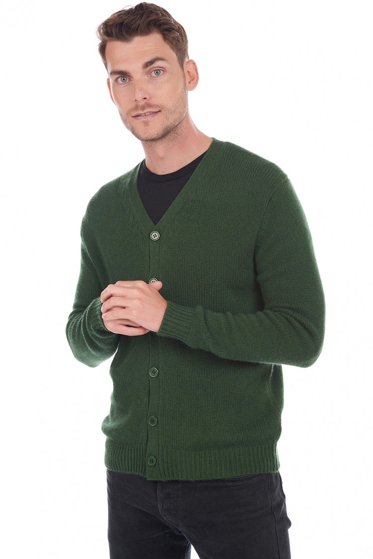Strickjacke aus Kaschmir, 100 % Kaschmir, Herren, V-Ausschnitt, Knopfverschluss, gerade Schnittform, lange Ärmel, grob / 6 Fäden und mehr, normales Strickbild, Mahogany