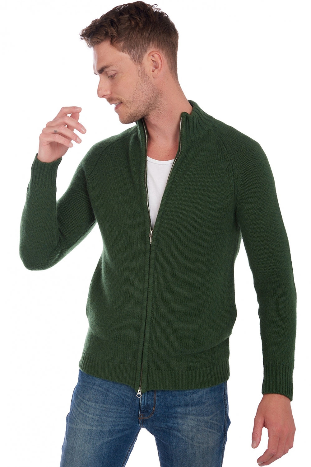 Cardigan aus Kaschmir, 100 % Kaschmir, Herren, Truckerkragen, Reißverschluss, gerader Schnitt, lange Ärmel, grob / 6 Fäden und mehr, normales Strick, Mahogany