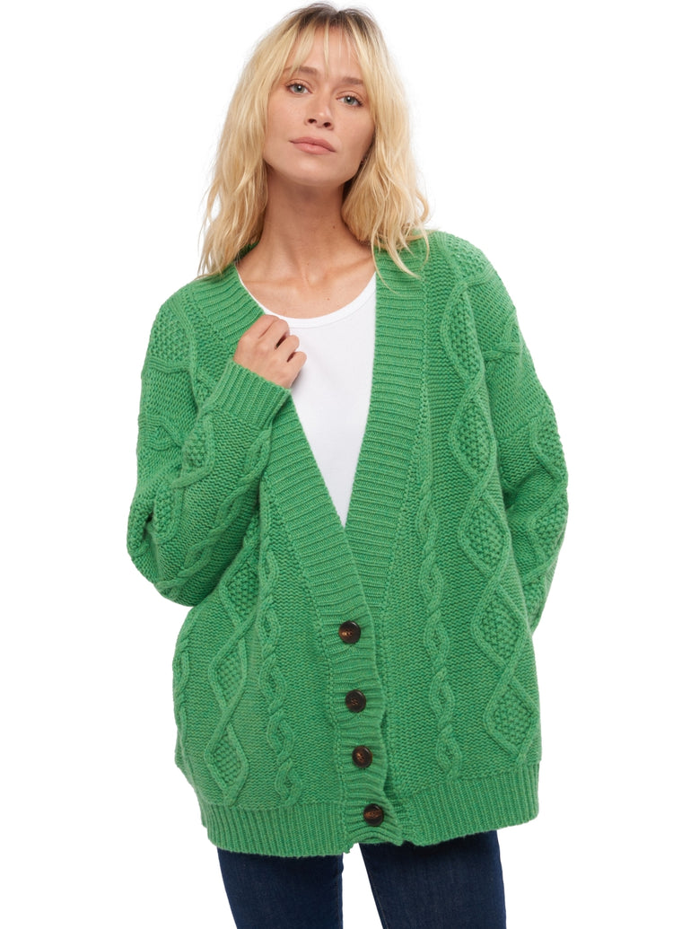 Cardigan aus Kaschmir, 100 % Kaschmir, Damen, V-Ausschnitt, Knopfverschluss, weite Passform, lange Ärmel, grob / 6 Fäden und mehr, Zopfmuster, Mahogany