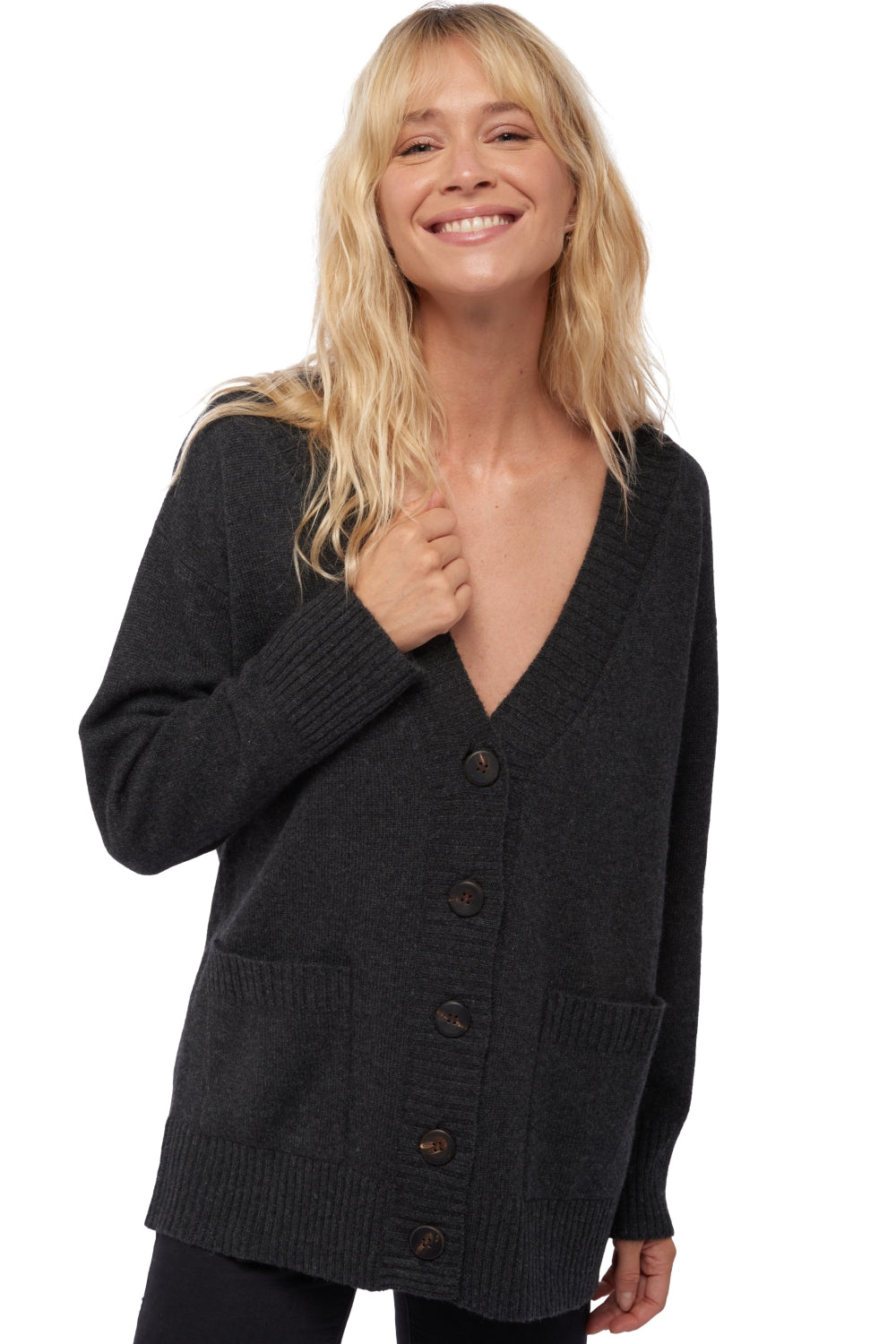 Strickjacke aus Kaschmir, 100 % Kaschmir, Damen, V-Ausschnitt, Knopfverschluss, Oversize-Schnitt, lange Ärmel, normal / 2 und 4 Fäden, normales Strickbild, Mahogany