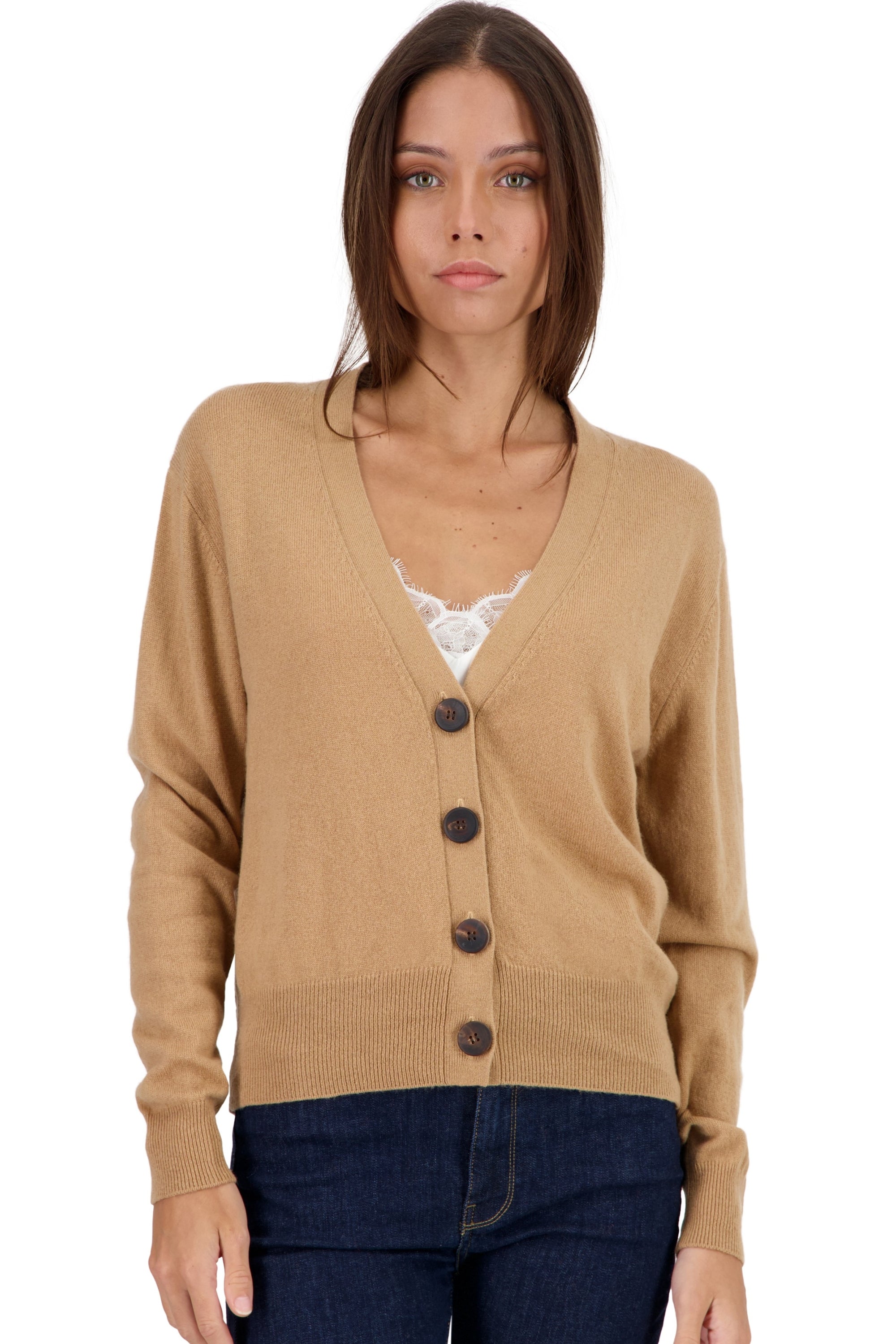 Cardigan aus Kaschmir, 100 % Kaschmir, Damen, V-Ausschnitt, Knopfverschluss, gerader Schnitt, lange Ärmel, normal / 2 und 4 Fäden, normale Strickart, Mahogany