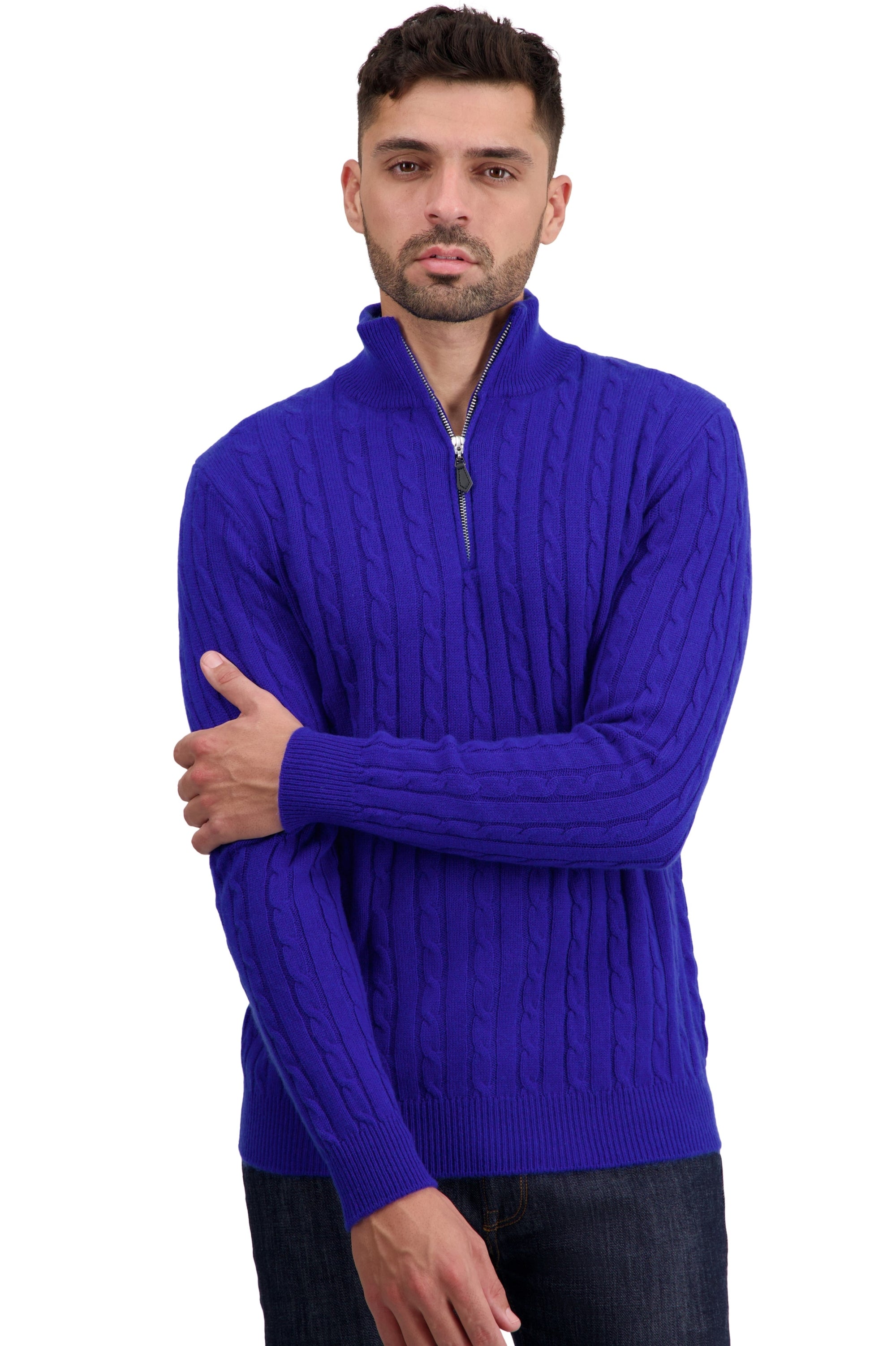 Kaschmirpullover, 100 % Kaschmir, Herren, Truckerkragen, Reißverschluss, gerader Schnitt, lange Ärmel, normal / 2- und 4-fädig, Zopfmuster, Mahogany