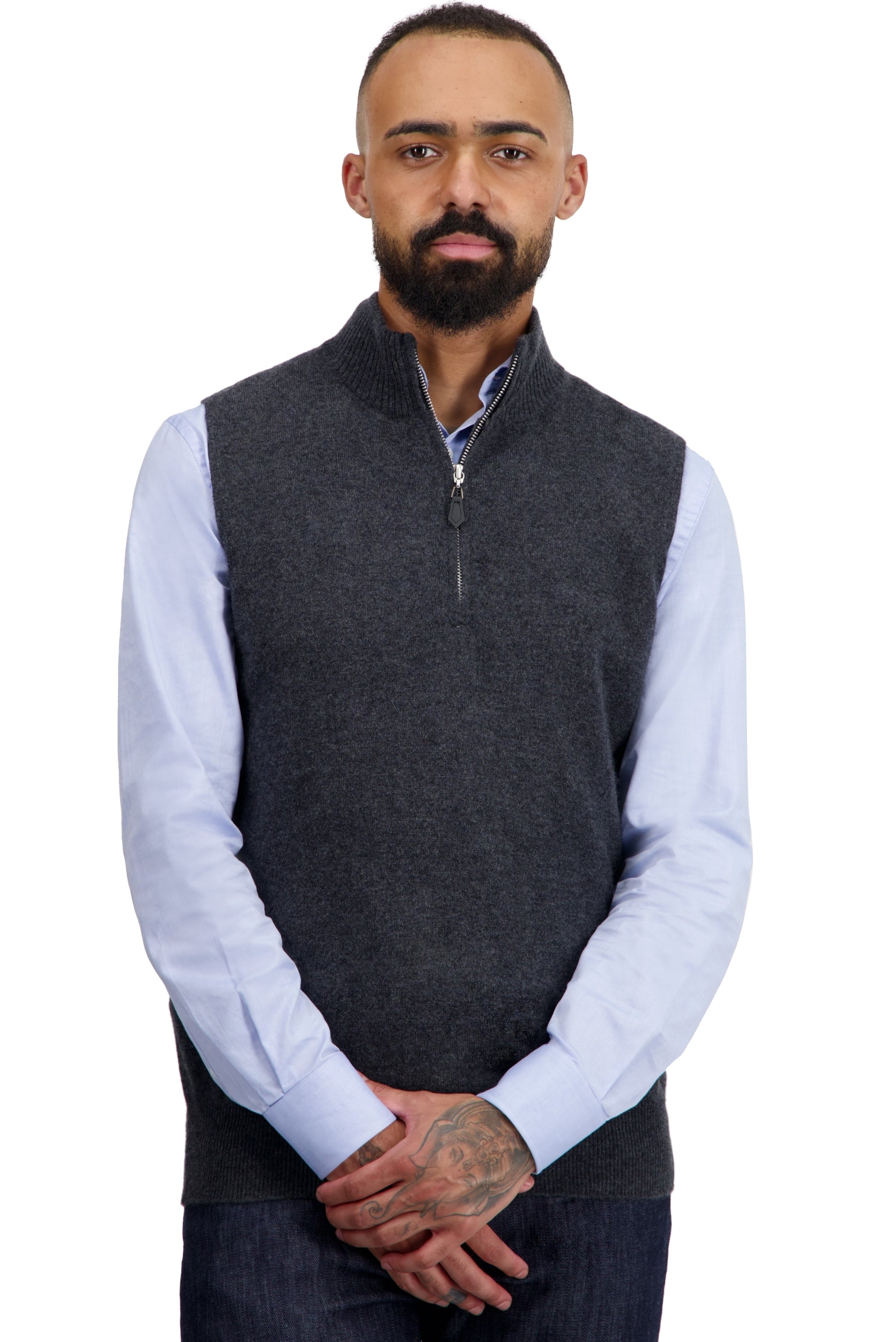 Kaschmirpullover, 100 % Kaschmir, Herren, Truckerkragen, Reißverschluss, gerader Schnitt, ärmellos, normal / 2- und 4-fädig, glatter Strick, Mahogany