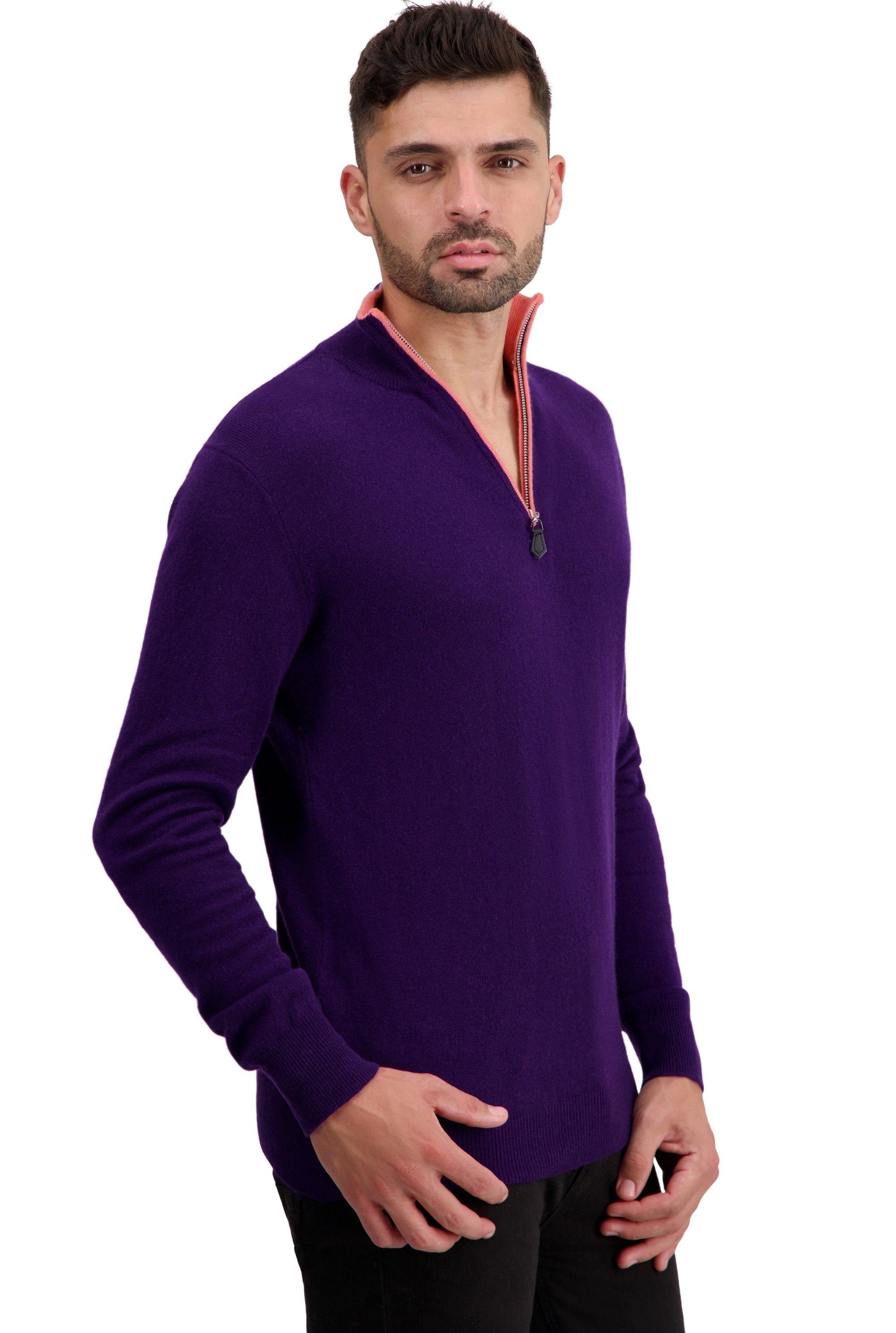 Pullover aus Kaschmir, 100 % Kaschmir, Herren, Truckerkragen, Reißverschluss, gerader Schnitt, lange Ärmel, normal / 2- und 4-fädig, normales Strickwerk, Mahogany