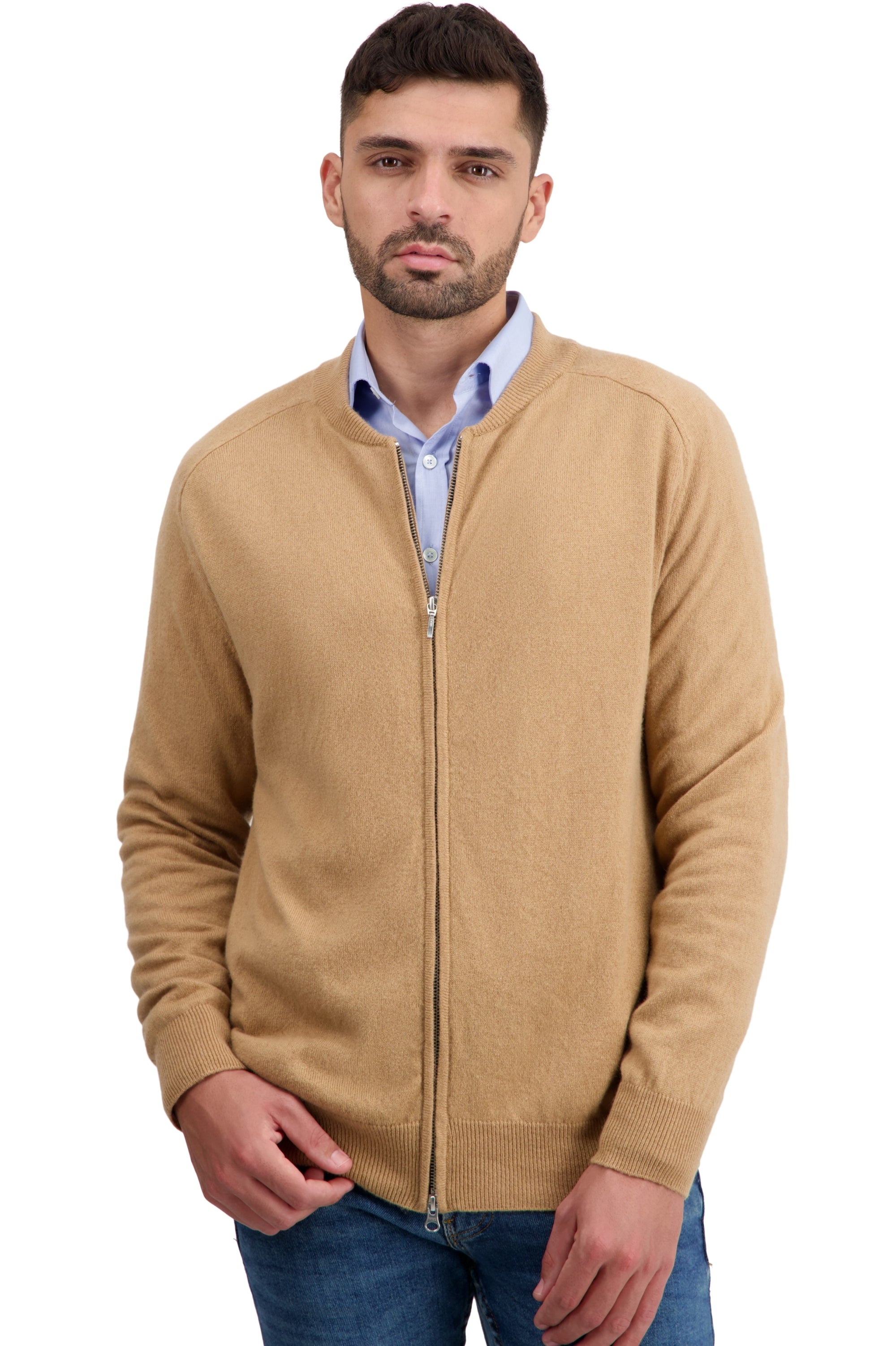 Cardigan aus Kaschmir, 100 % Kaschmir, Herren, Rundhalsausschnitt, Reißverschluss, gerader Schnitt, lange Ärmel, normal / 2 und 4 Fäden, normales Strick, Mahogany