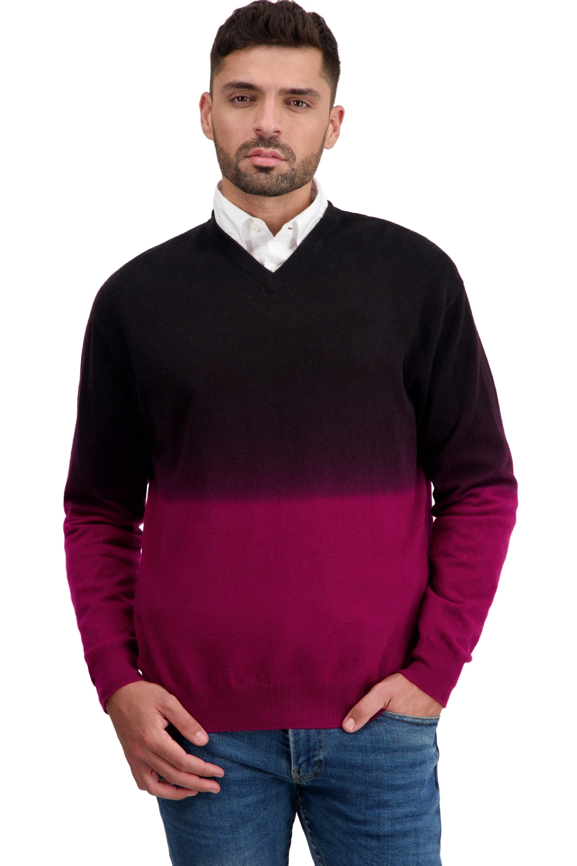 Kaschmirpullover, 100 % Kaschmir, Herren, V-Ausschnitt, weiter Schnitt, lange Ärmel, Tie-Dye, normal / 2- und 4-fädig, glatter Strick, Mahogany