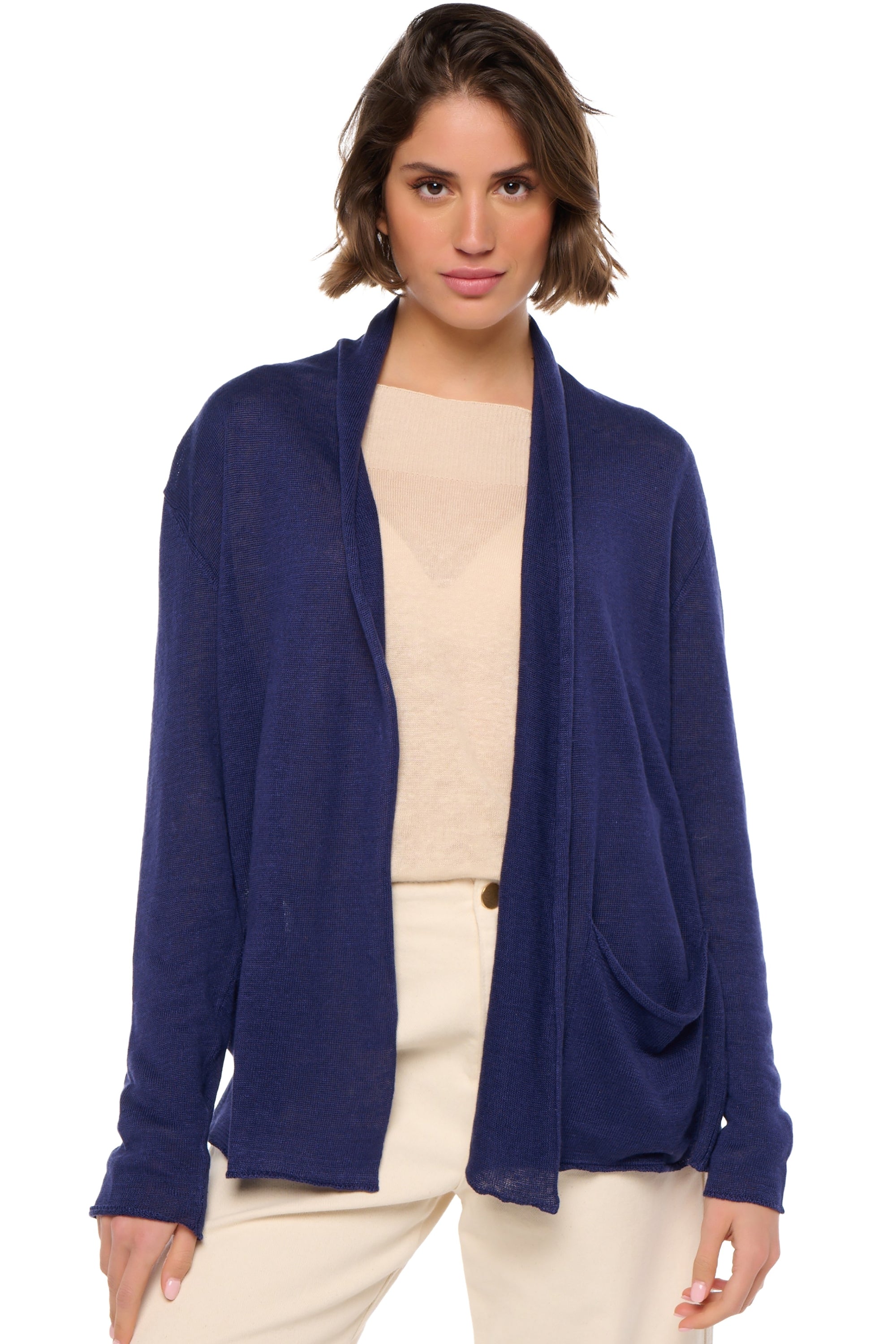 Strickjacke aus Leinen, 100 % Leinen, Damen, ohne Kragen, gerader Schnitt, lange Ärmel, normal / 2 und 4 Fäden, normales Strickwerk, Mahogany
