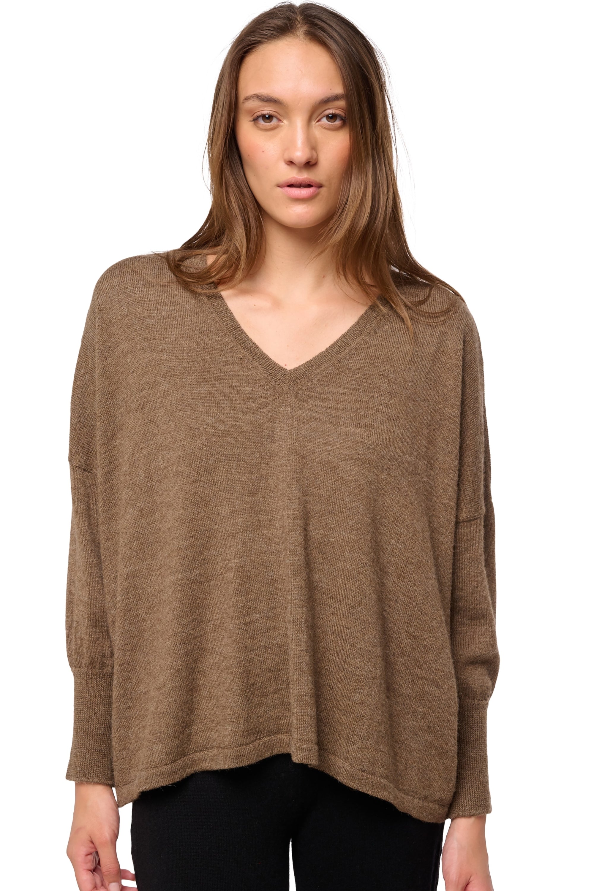 Pullover aus Baby-Alpaka, 100 % Baby-Alpaka, Damen, V-Ausschnitt, Oversize-Schnitt, lange Ärmel, normal / 2 und 4 Fäden, normales Strick, Mahogany