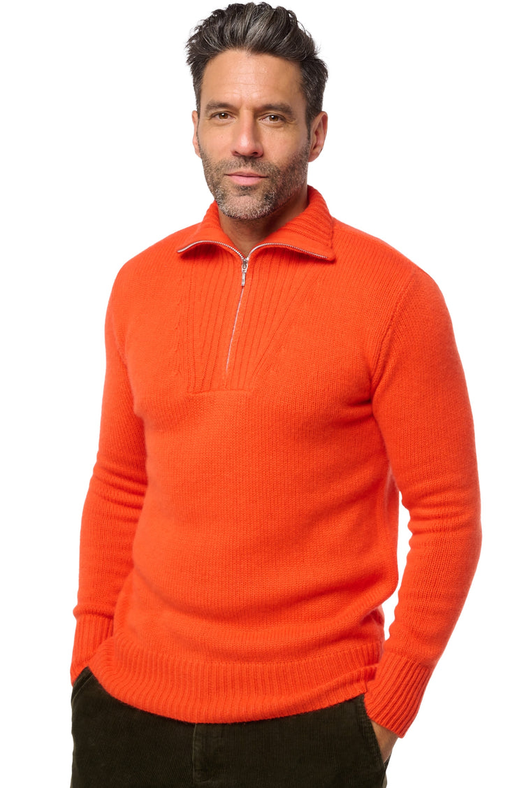 Pullover aus Kaschmir, 100 % Kaschmir, Herren, Truckerkragen, Reißverschluss, gerade Schnittform, lange Ärmel, grob / 6 Fäden und mehr, normaler Strick, Mahogany