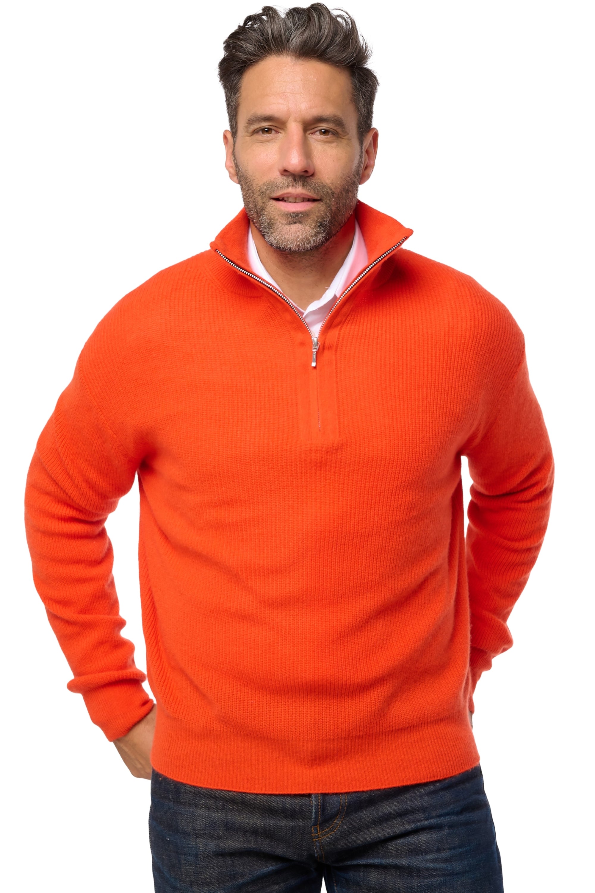 Pullover aus Kaschmir, 100 % Kaschmir, Herren, Truckerkragen, Reißverschluss, gerader Schnitt, lange Ärmel, normal / 2- und 4-fädig, normales Strickwerk, Mahogany