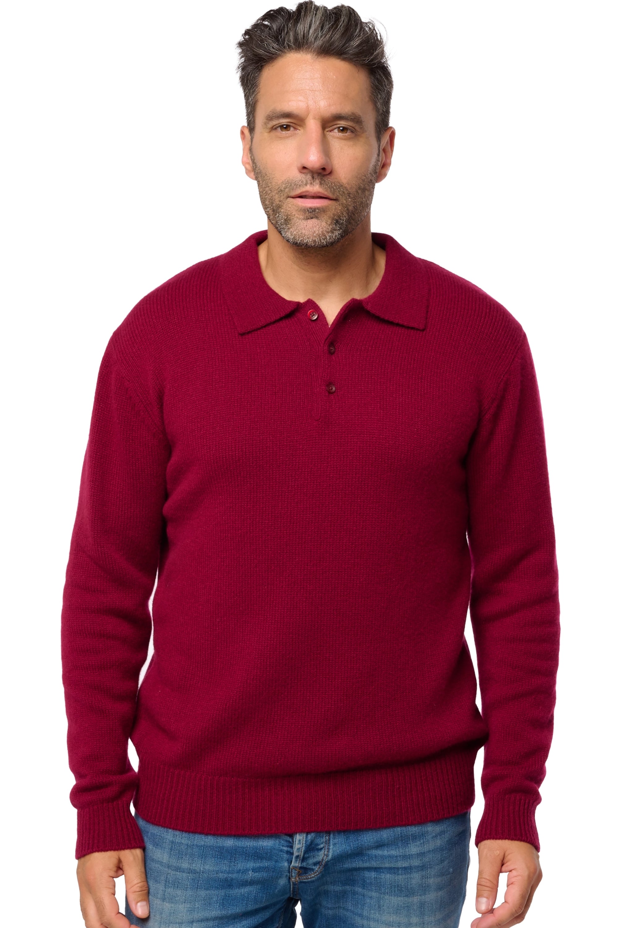 Polo aus Kaschmir, 100 % Kaschmir, Herren, Polokragen, Knopfverschluss, gerader Schnitt, lange Ärmel, grob / 6 Fäden und mehr, normaler Strick, Mahogany