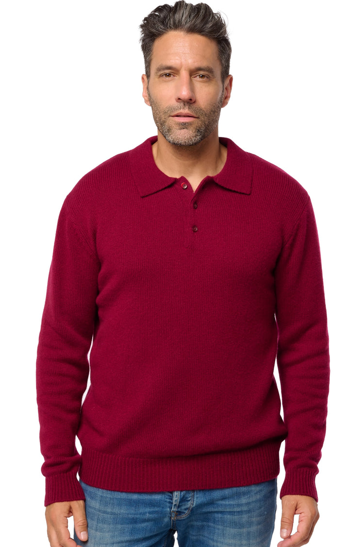Polo aus Kaschmir, 100 % Kaschmir, Herren, Polokragen, Knopfverschluss, gerader Schnitt, lange Ärmel, grob / 6 Fäden und mehr, normaler Strick, Mahogany
