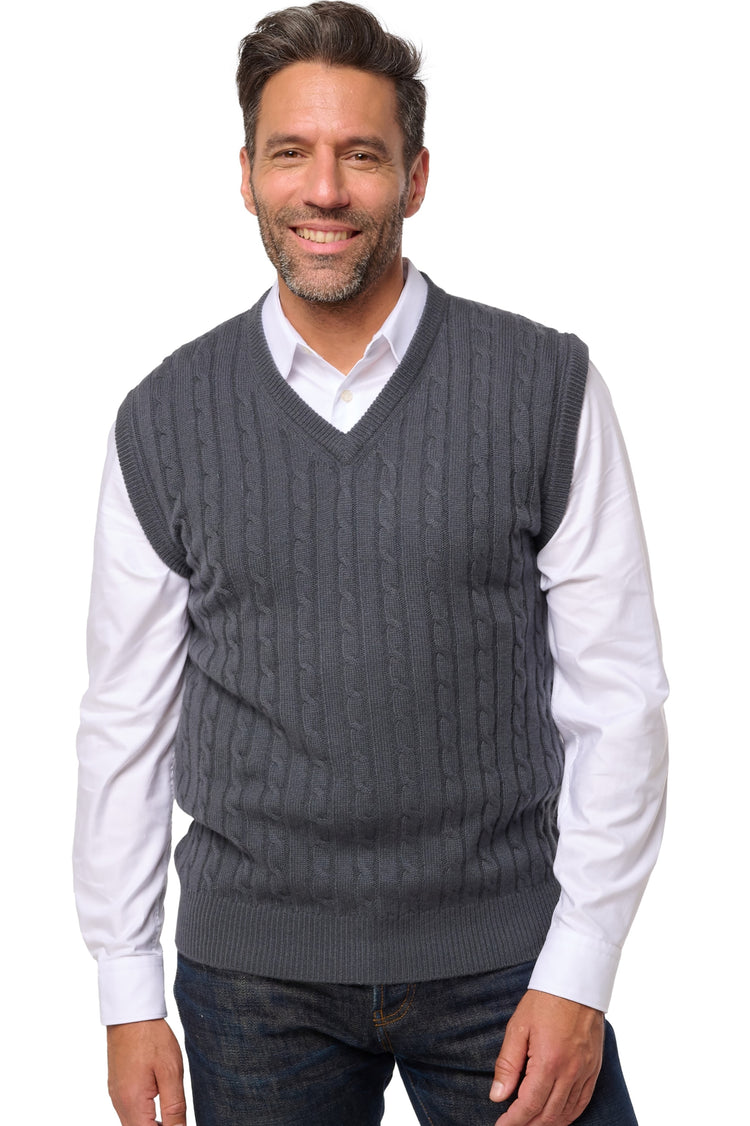 Trägershirt aus Kaschmir, 100 % Kaschmir, Herren, V-Ausschnitt, gerade Schnittform, ärmellos, normal / 2 und 4 Fäden, Zopfmuster, Mahogany