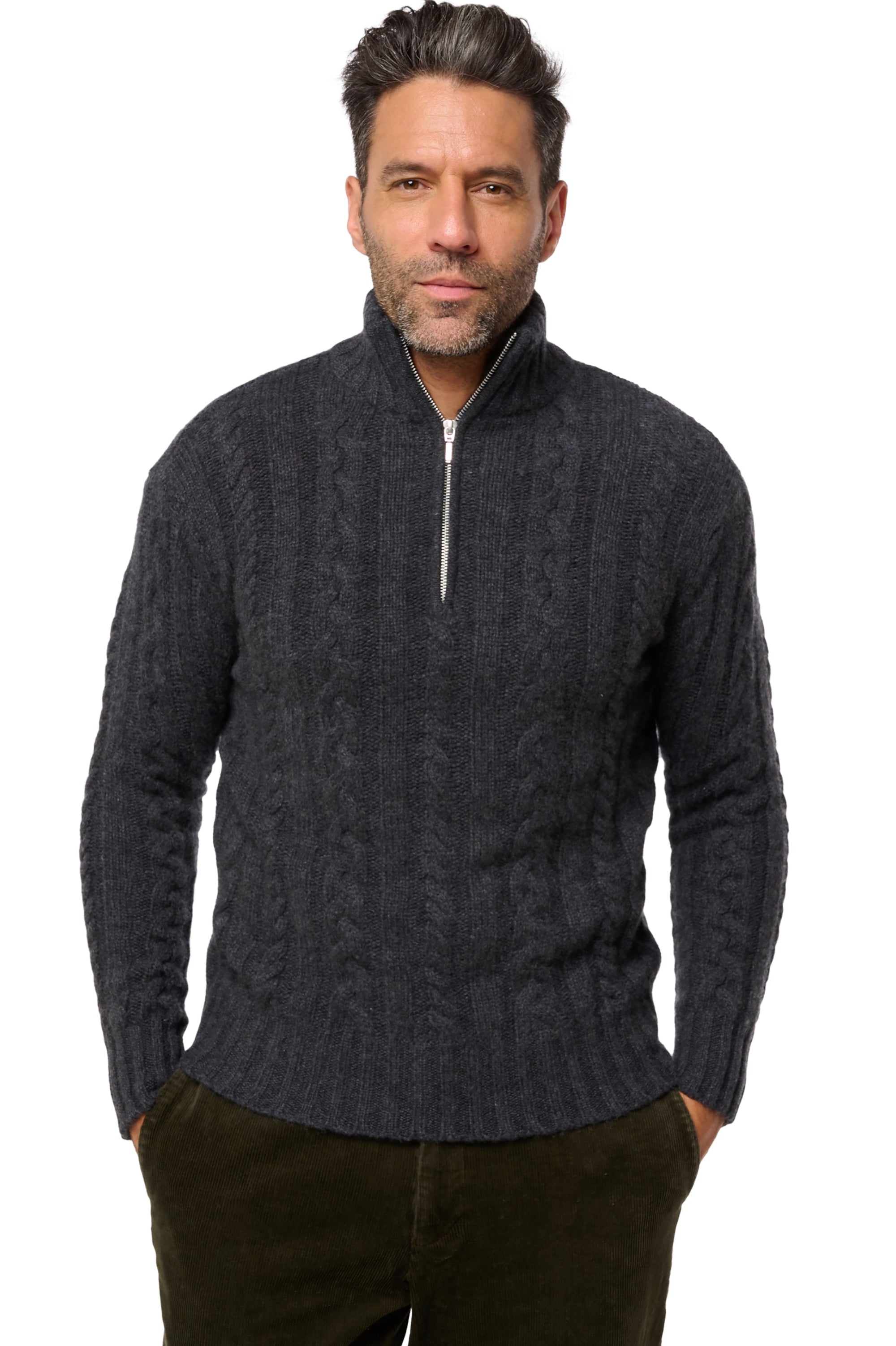 Pullover aus Kaschmir, 100 % Kaschmir, Herren, Truckerkragen, Reißverschluss, gerader Schnitt, lange Ärmel, grob / 6 Fäden und mehr, Zopfmuster, Mahogany