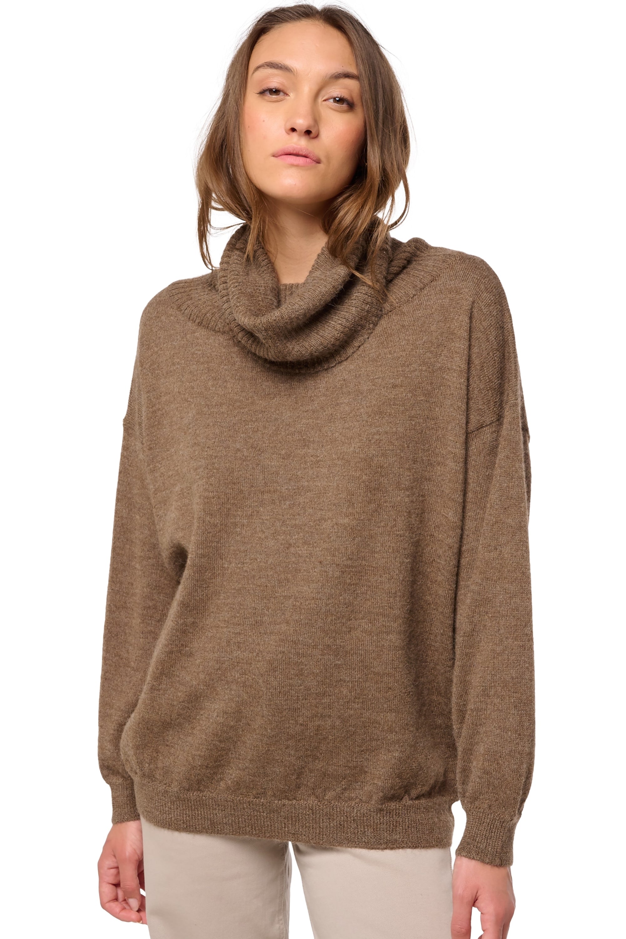 Pullover aus Baby-Alpaka, 100 % Baby-Alpaka, Damen, Rollkragen, gerader Schnitt, lange Ärmel, normal / 2 und 4 Fäden, normales Strickbild, Mahogany