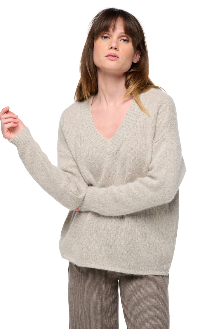 Kaschmirpullover, 100 % Wolken-Kaschmir, Damen, V-Ausschnitt, weite Passform, lange Ärmel, grobe Strickart / 6 Fäden und mehr, normale Strickware, Mahogany