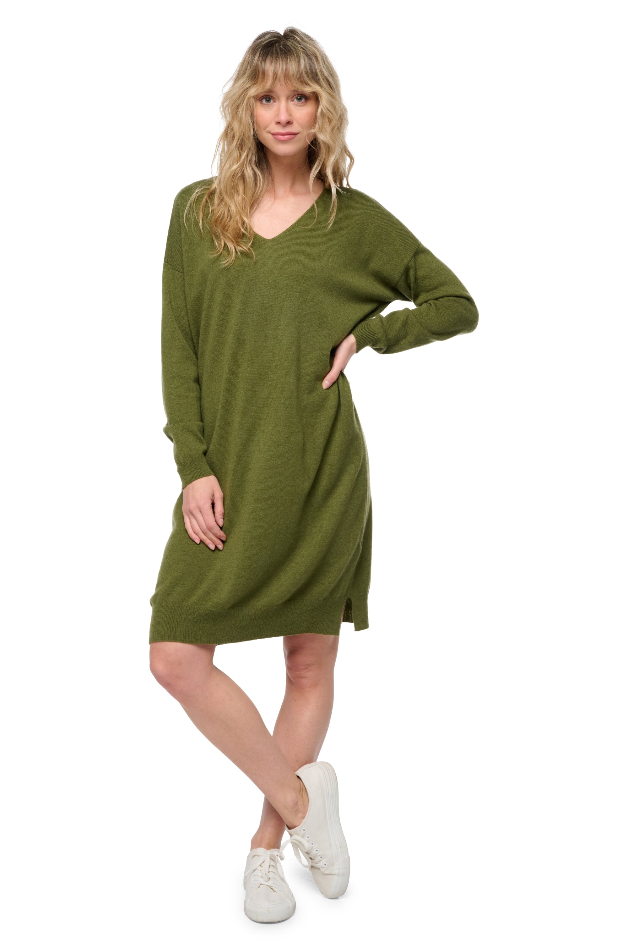 Kleid aus Kaschmir, 100 % Kaschmir, Damen, V-Ausschnitt, , lange Ärmel, fein, Mahogany